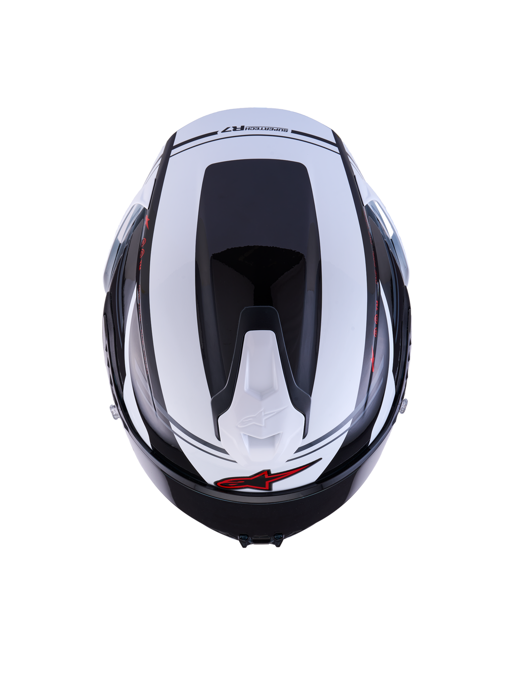 Alpinestars S-R7 A-Core Helmet ECE 22.06, top view of the racing and sport road motorcycle helmet in Black, White, and Red Glossy finish, carbon composite construction, featuring aerodynamic profile and ventilation details
