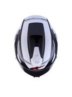 Alpinestars S-R7 A-Core Helmet ECE 22.06, top view of the racing and sport road motorcycle helmet in Black, White, and Red Glossy finish, carbon composite construction, featuring aerodynamic profile and ventilation details