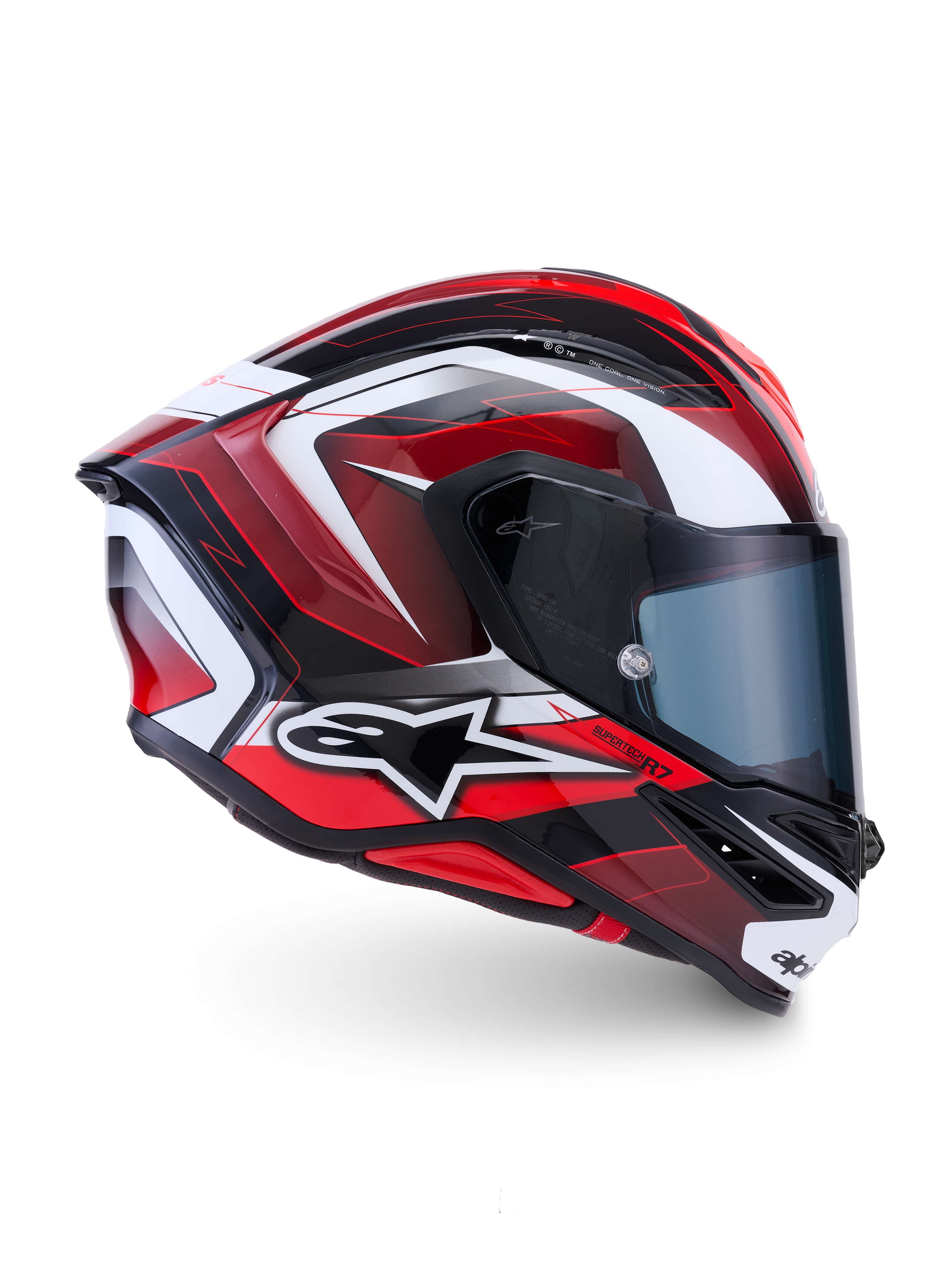 Alpinestars S-R7 Kinetis Helmet, full face motorcycle racing helmet, Black, Red, and White glossy finish, carbon composite construction, ECE certified