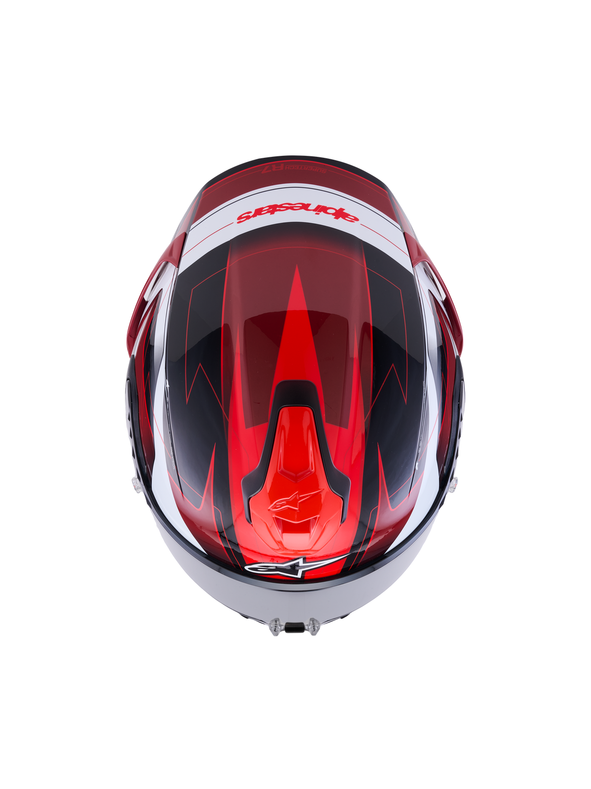 Alpinestars S-R7 Kinetis Helmet, full-face road racing helmet, Black, Red, and White glossy finish, top-down view showing aerodynamic design and carbon composite construction