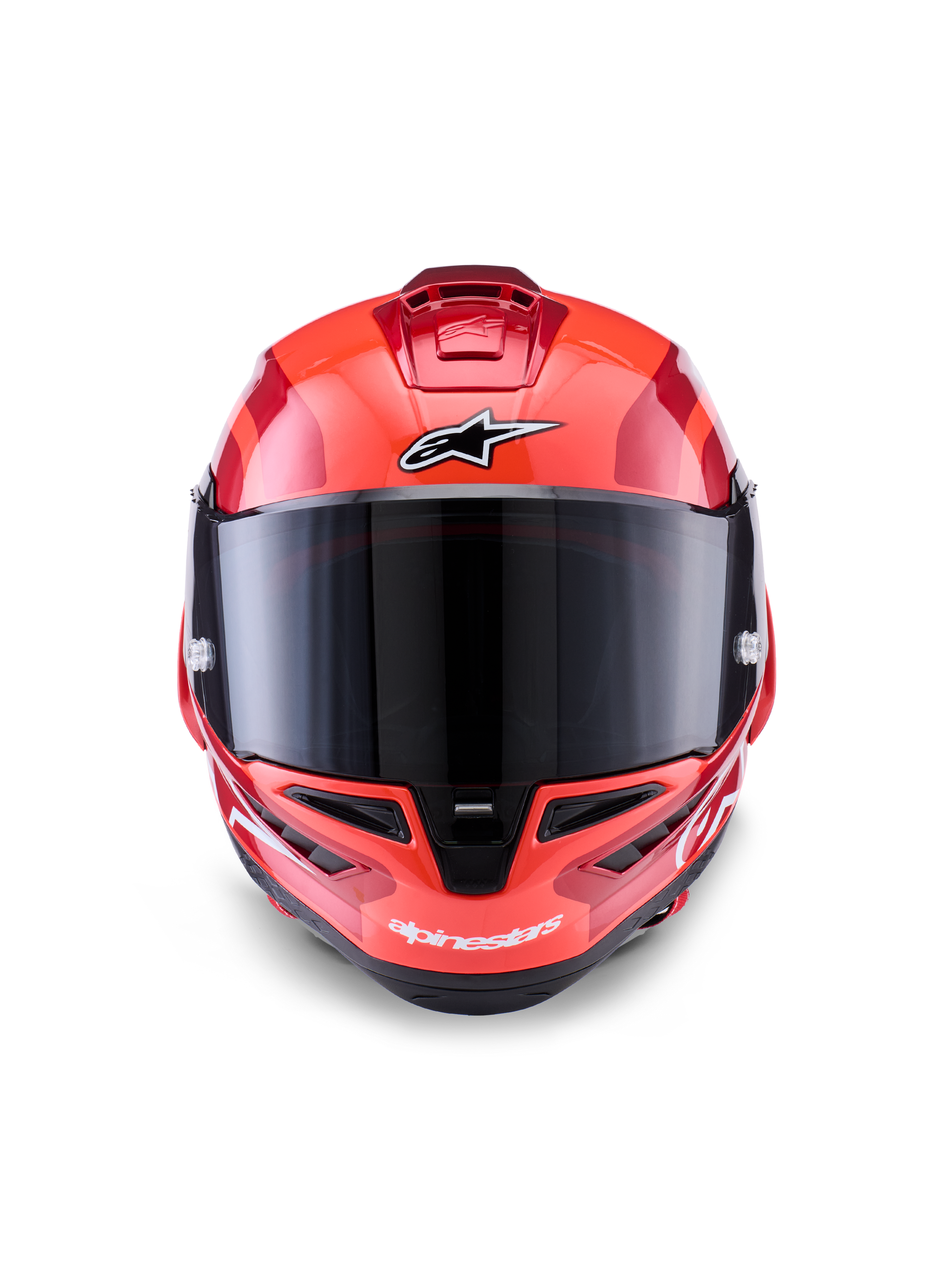Alpinestars Supertech R10 Arius Helmet, Full-Face Racing Helmet, Red with White and Black accents, front view with dark smoke visor, featuring Alpinestars branding on the forehead and chin, glossy finish with aerodynamic ventilation ports
