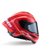 Alpinestars Supertech R10 Arius Helmet, Full-Face Racing Helmet, Glossy Red and Orange, side profile view featuring an aerodynamic rear spoiler, white Astars logo on the chin, and clear visor, engineered for high-speed track performance