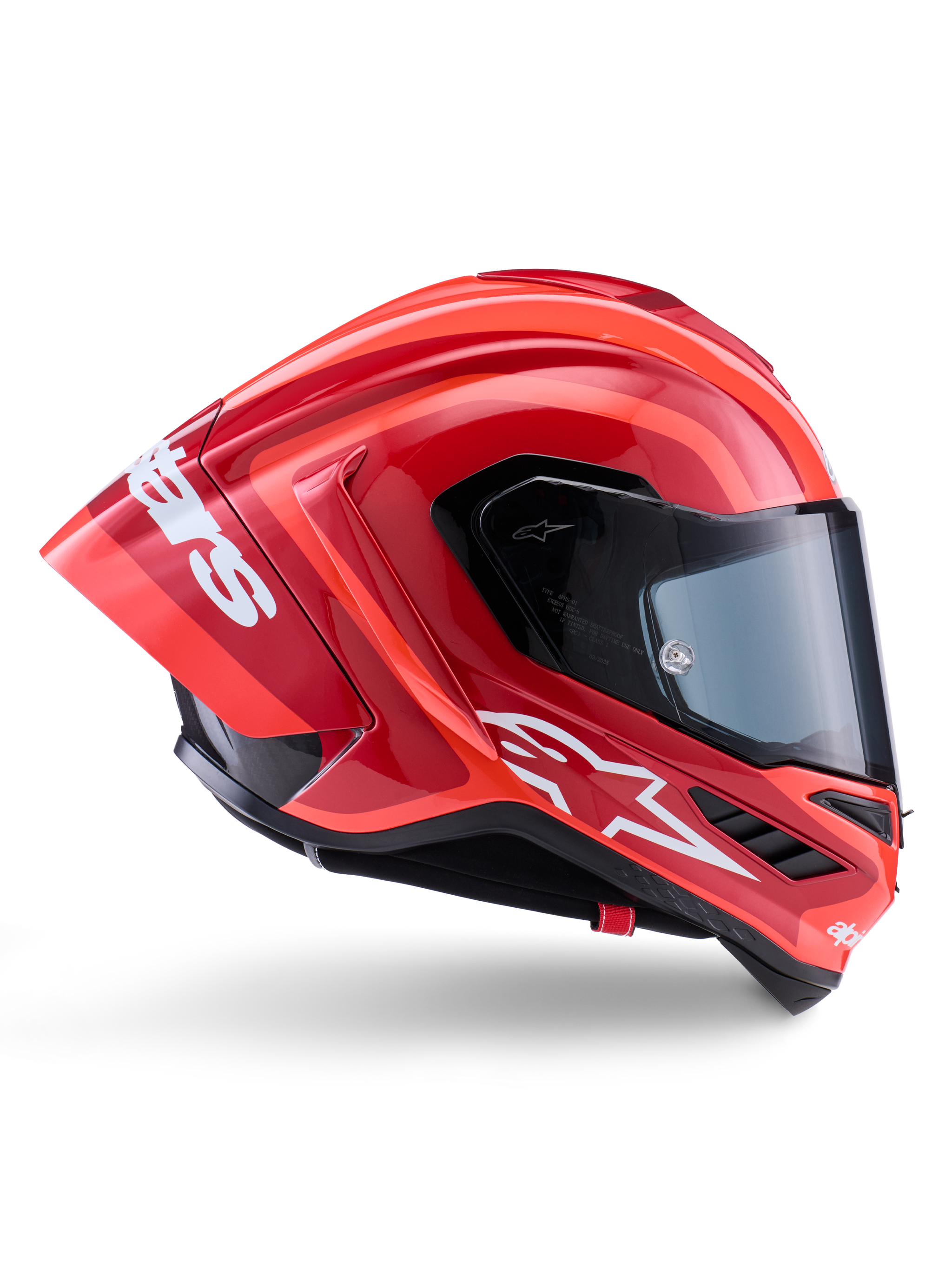Alpinestars Supertech R10 Arius Helmet, Full-Face Racing Helmet, Glossy Red and Orange, side profile view featuring an aerodynamic rear spoiler, white Astars logo on the chin, and clear visor, engineered for high-speed track performance