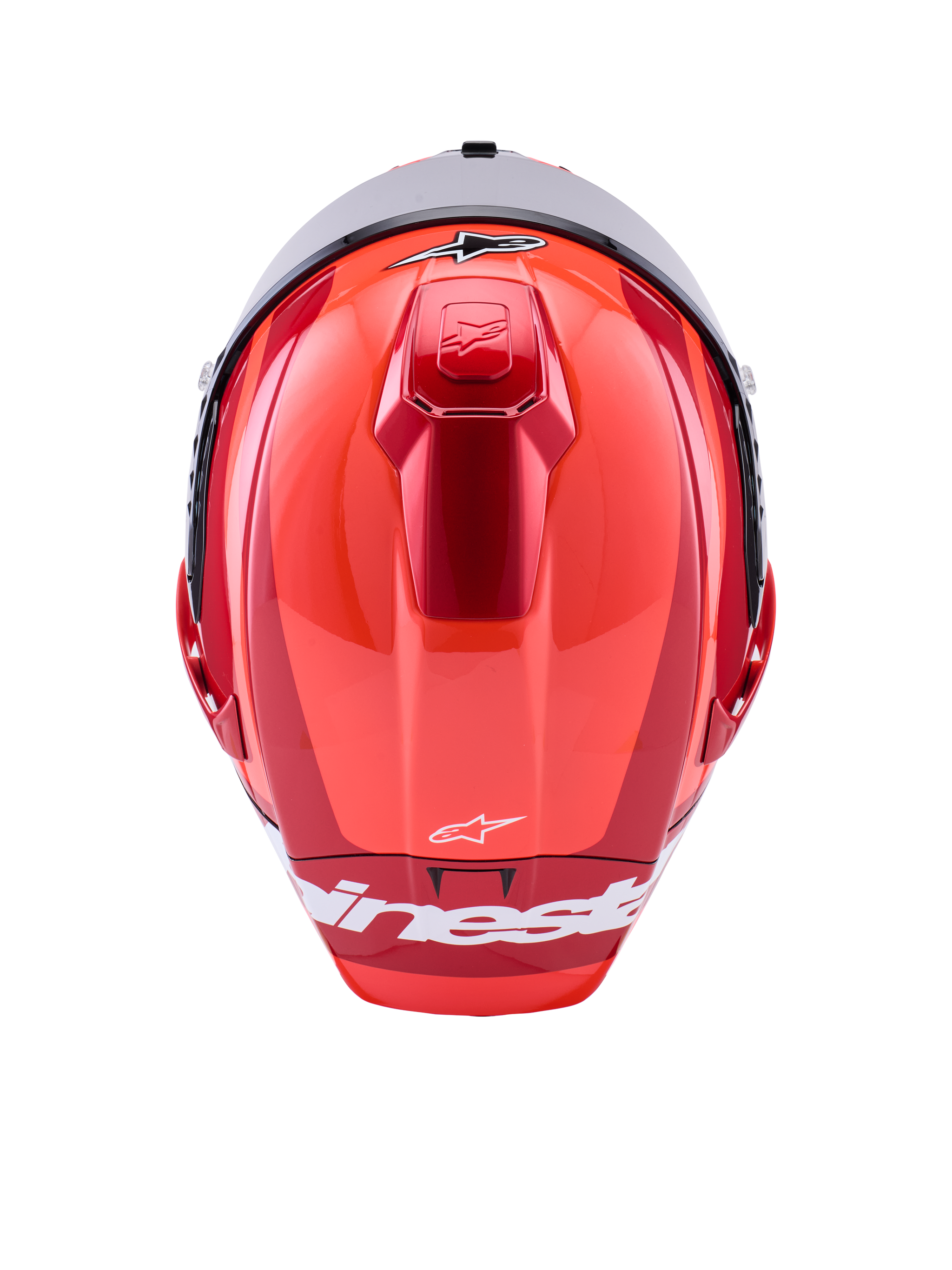 Alpinestars Supertech R10 Arius Helmet, Full-Face Racing Helmet, Red Glossy with White Accents, top view showing aerodynamic shell contours, white Alpinestars branding, and integrated top ventilation