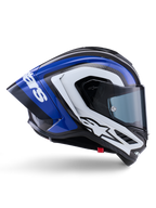 Alpinestars Supertech R10 Arius Helmet, full-face racing helmet, Black White and Blue Glossy finish, aerodynamic side view showing carbon fiber shell and large rear spoiler with Alpinestars logo, professional motorcycle protective gear