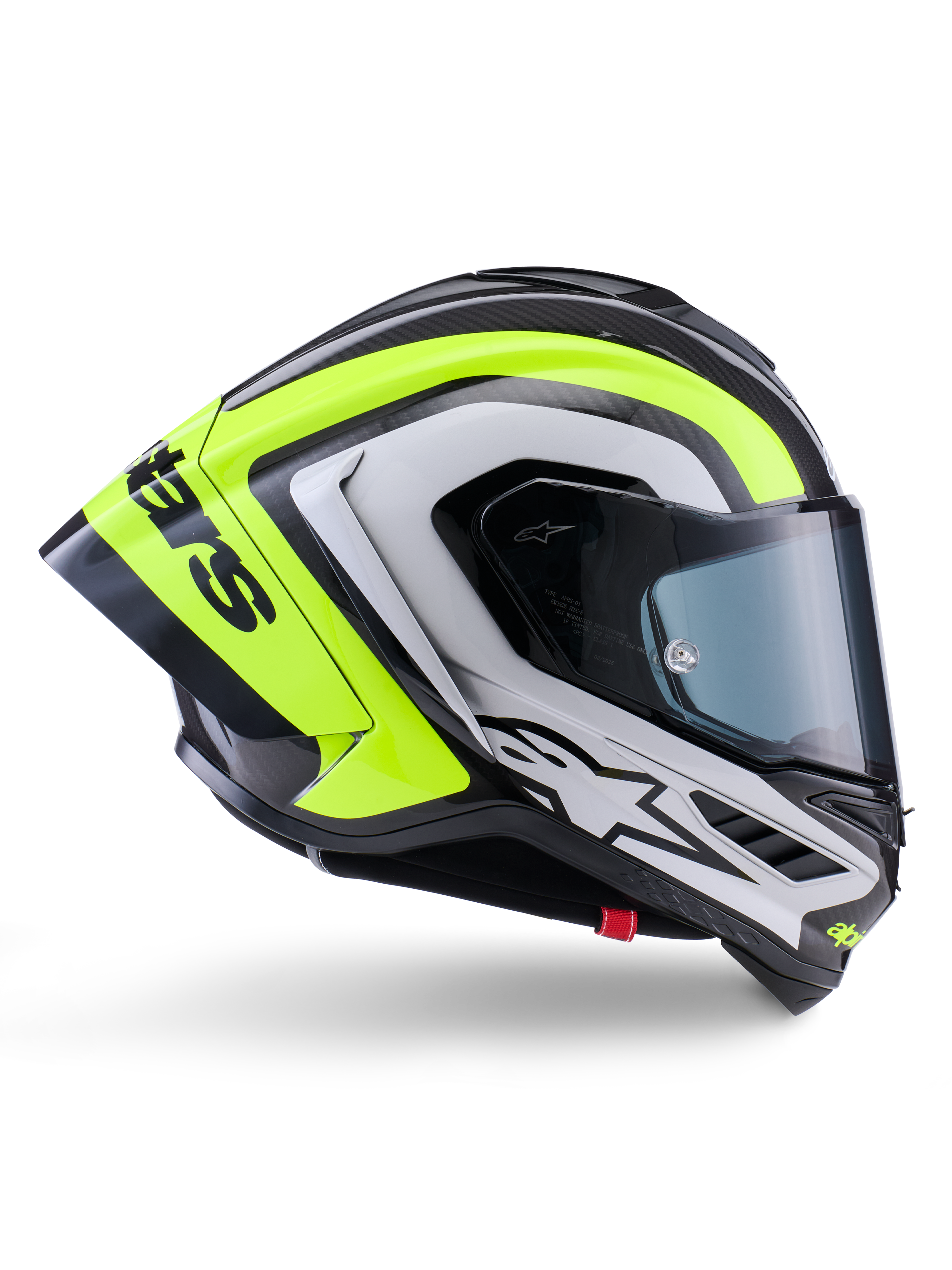 Alpinestars Supertech R10 Arius Helmet, Full-Face Racing Helmet, Black Silver and Fluo Yellow Glossy, side profile view showing aerodynamic shell and dark smoke visor, carbon fiber construction with bold branding