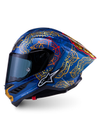 Supertech R10 Martinator Thai Helmet in glossy blue with gold and red mandala graphics and a sleek carbon shell.