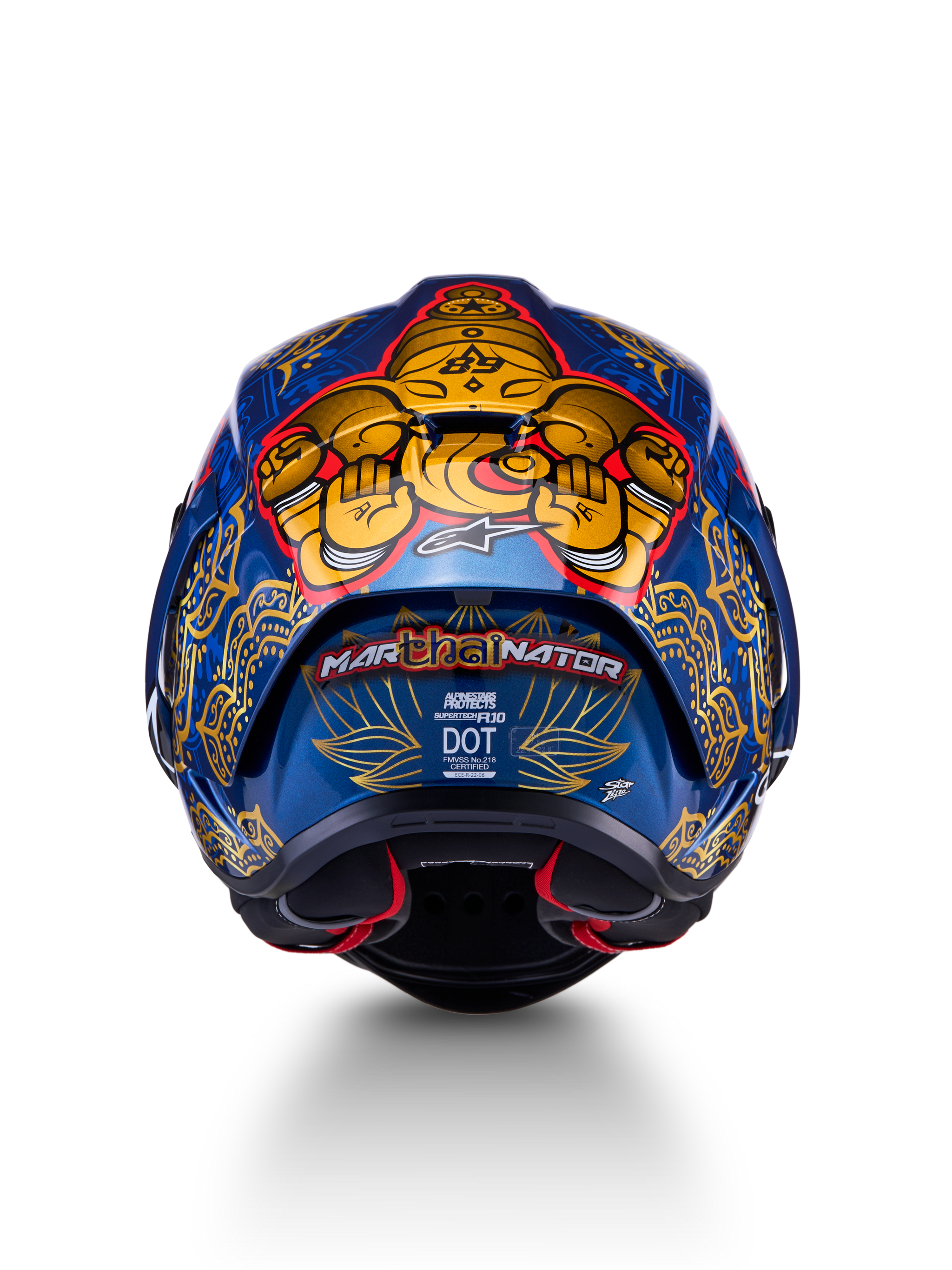 Supertech R10 Martinator Thai Helmet, rear view of glossy blue carbon shell with intricate gold Thai graphics.