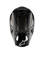 Alpinestars Supertech M10 Solid Helmet ECE 22.06, black glossy carbon motocross helmet, rear view showing carbon shell, vents and Alpinestars logo, ECE certified