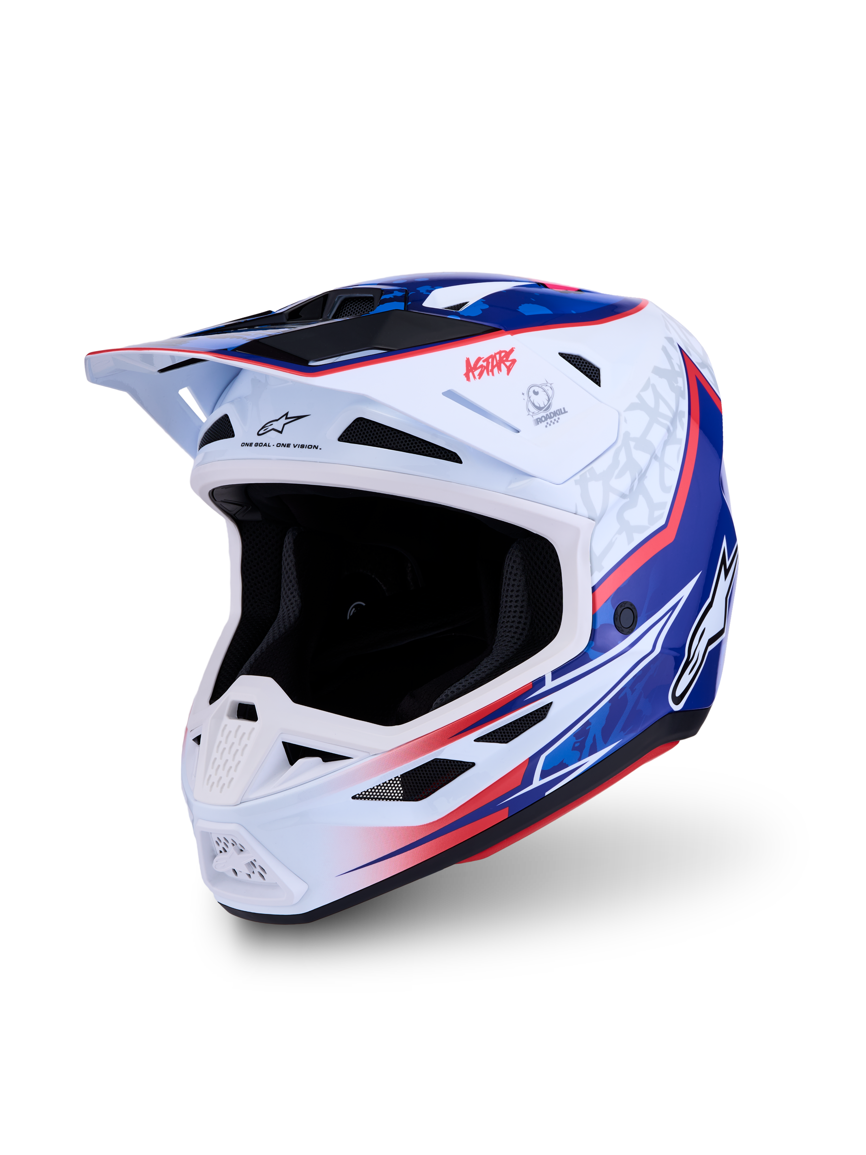 Alpinestars S-M7 Blaster Helmet ECE06, white blue and red glossy motocross helmet, lightweight ECE 22.06 certified.