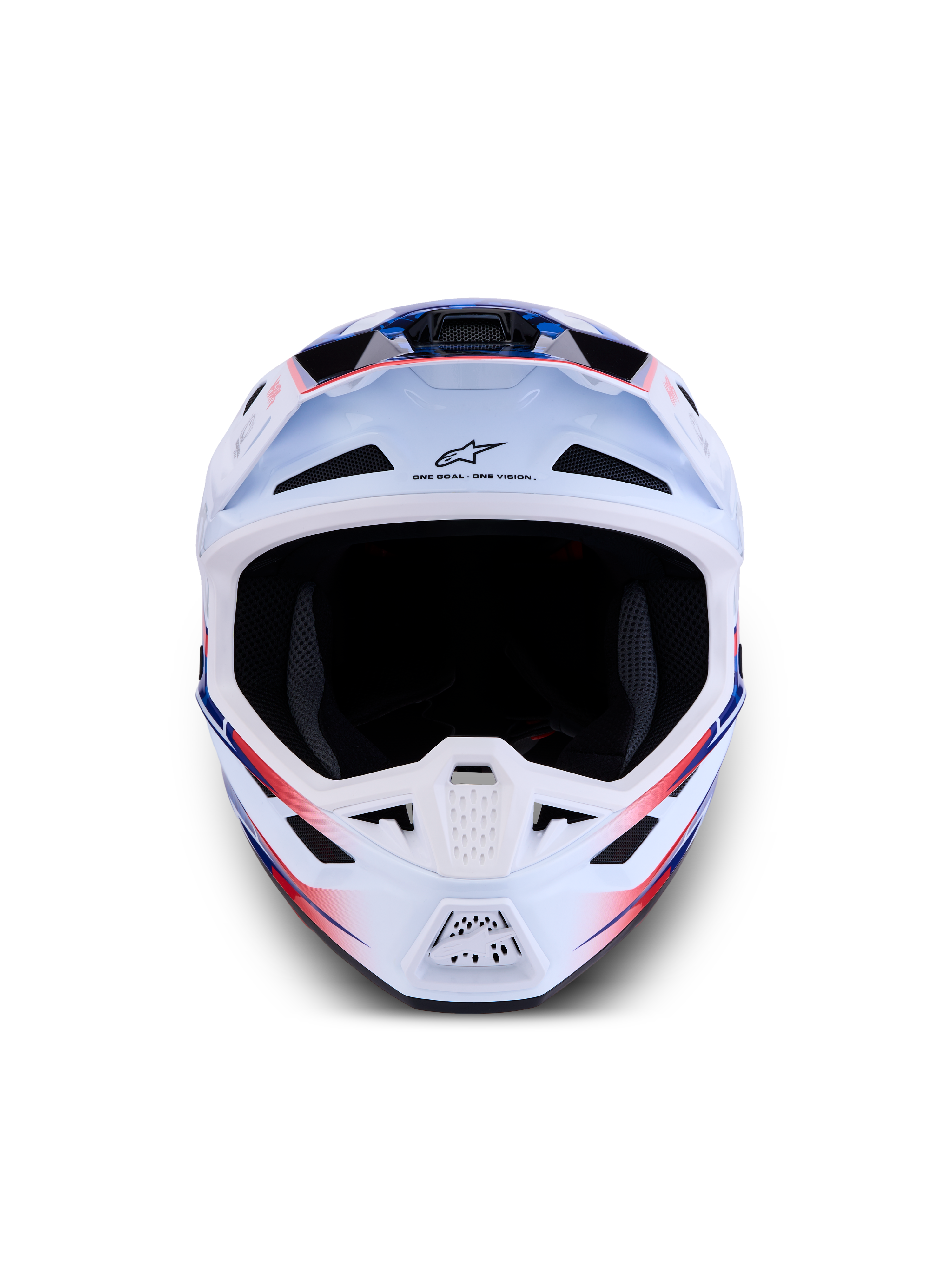 Alpinestars S-M7 Blaster Helmet ECE06, white, blue, and red glossy motocross helmet with a lightweight composite shell.