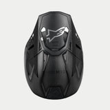 Alpinestars Supertech M10 Fame ECE 22.06 Helmet, Motocross Helmet, Black Carbon Matte and Glossy, top-down view highlighting the carbon fiber weave, aerodynamic visor with silver Alpinestars logo, and multiple ventilation ports for off-road racing.