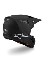 Alpinestars S-M3 Solid Helmet ECE 22.06, Motocross Helmet, Matte Black, featuring white Alpinestars logo on the side and back, aerodynamic shell with integrated ventilation ports and quick-release visor, designed for off-road racing performance