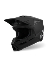 Alpinestars S-M3 Solid Helmet ECE 22.06, Motocross Helmet, Matte Black, three-quarter side view featuring a large visor and intake vents, sleek aerodynamic shell with a white Alpinestars logo, professional off-road racing gear
