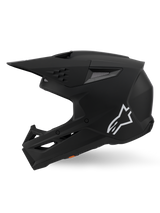 Alpinestars S-M3 Solid Helmet ECE 22.06, Motocross Helmet, Matte Black, side profile view featuring a white Astars logo, angular shell design with integrated ventilation ports and protective visor, off-road racing performance gear