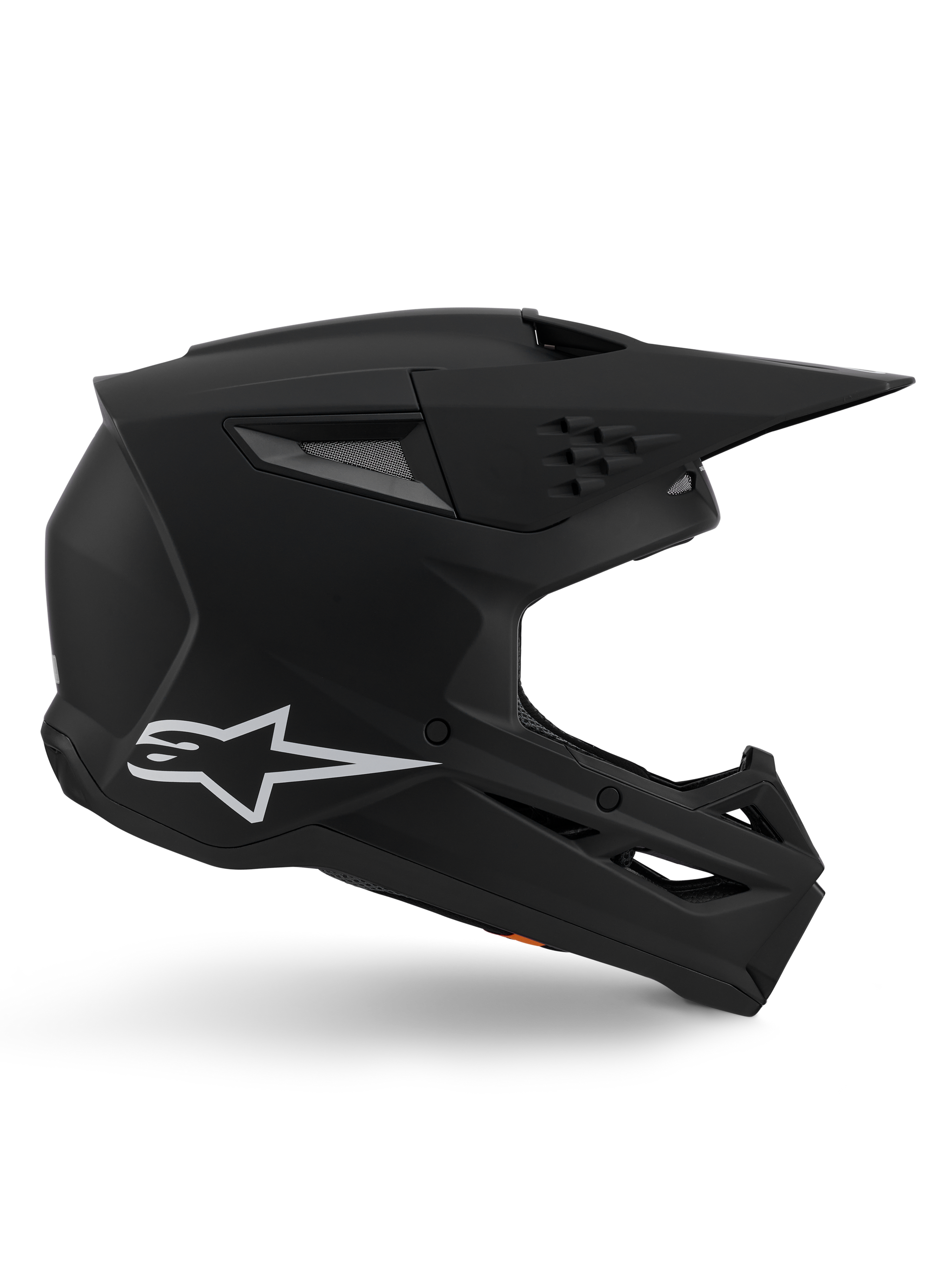 Alpinestars S-M3 Solid Helmet, Motocross Helmet, Matte Black finish, side profile featuring a white Alpinestars logo, aerodynamic shell with multiple ventilation ports and large visor, professional-grade off-road protective headgear