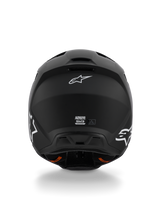 Alpinestars S-M3 Solid Helmet ECE 22.06, Motocross Helmet, Matte Black, rear view showing white Alpinestars Astar logos, ventilation exhaust ports at the base, sleek matte finish for off-road racing