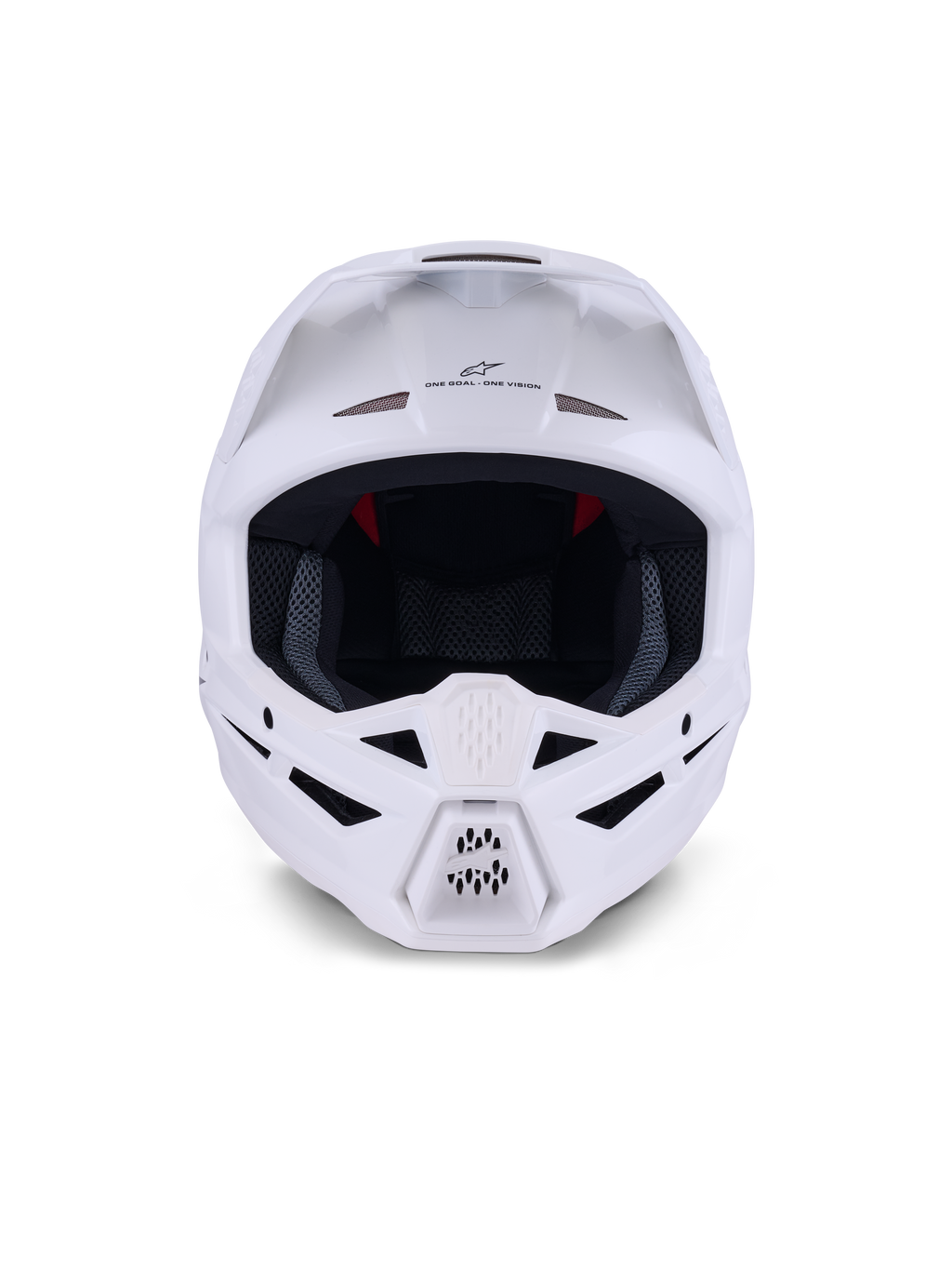 Alpinestars S-M3 Solid Helmet ECE 22.06, Motocross Helmet, White Glossy, front view featuring multiple ventilation intake ports on the chin and forehead, sleek aerodynamic shell with visor, 'ONE GOAL - ONE VISION' branding, and mesh interior liner for off-road racing protection.