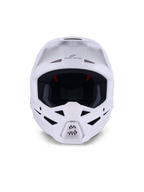 Alpinestars S-M3 Solid Helmet ECE 22.06, Motocross Helmet, White Glossy, front view featuring multiple ventilation intake ports on the chin and forehead, sleek aerodynamic shell with visor, 'ONE GOAL - ONE VISION' branding, and mesh interior liner for off-road racing protection.