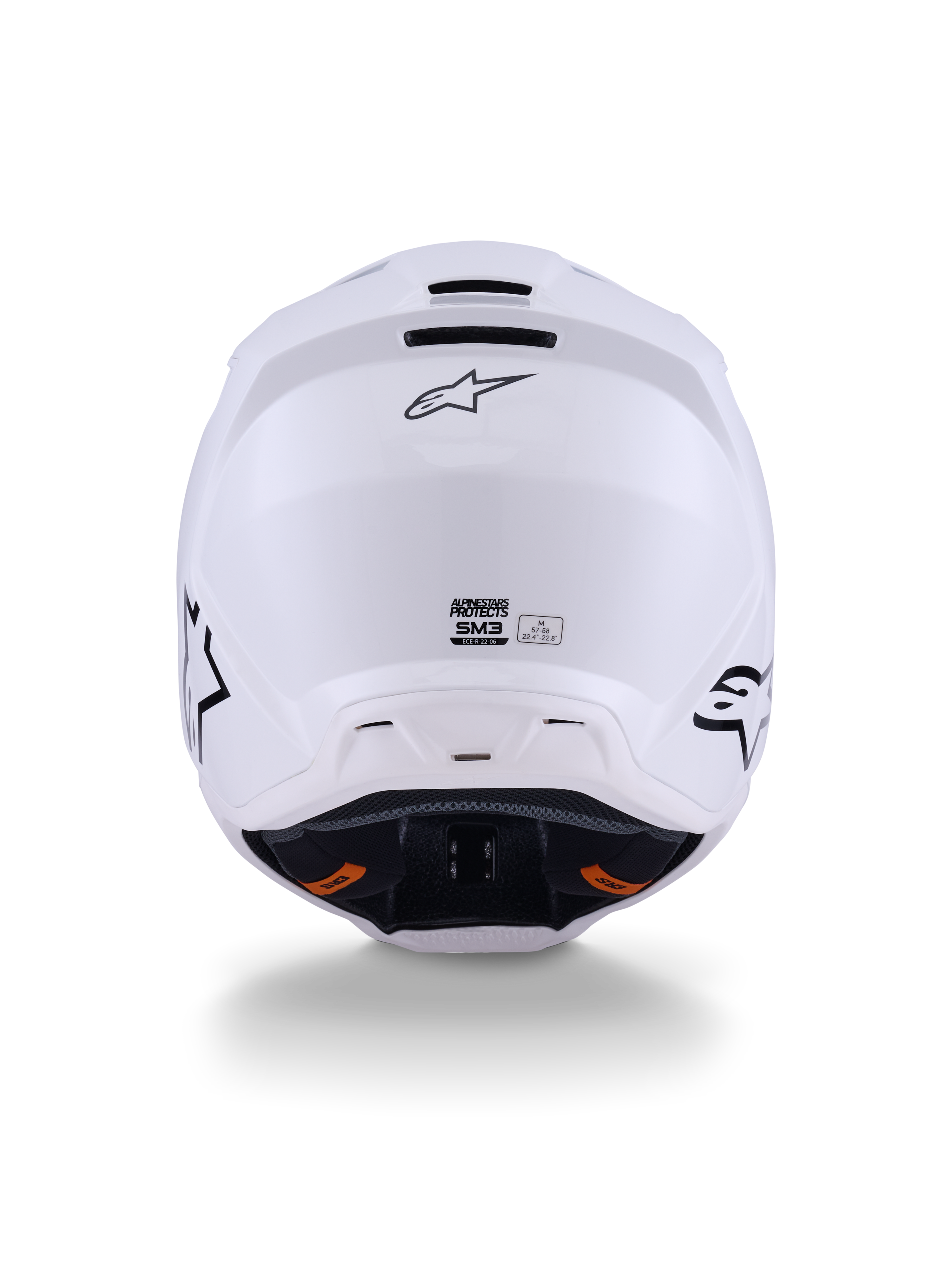Alpinestars S-M3 Solid Helmet ECE 22.06, Motocross Helmet, White Glossy, Rear view displaying exhaust ventilation ports, Alpinestars logo, and safety certification label, designed for off-road performance