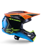 Alpinestars S-M3 Fray Helmet ECE 22.06, Motocross Helmet, Black Orange Blue and Neon Yellow, side profile of a glossy aerodynamic shell with a prominent orange peak, neon green branding, and blue accents, off-road racing protection