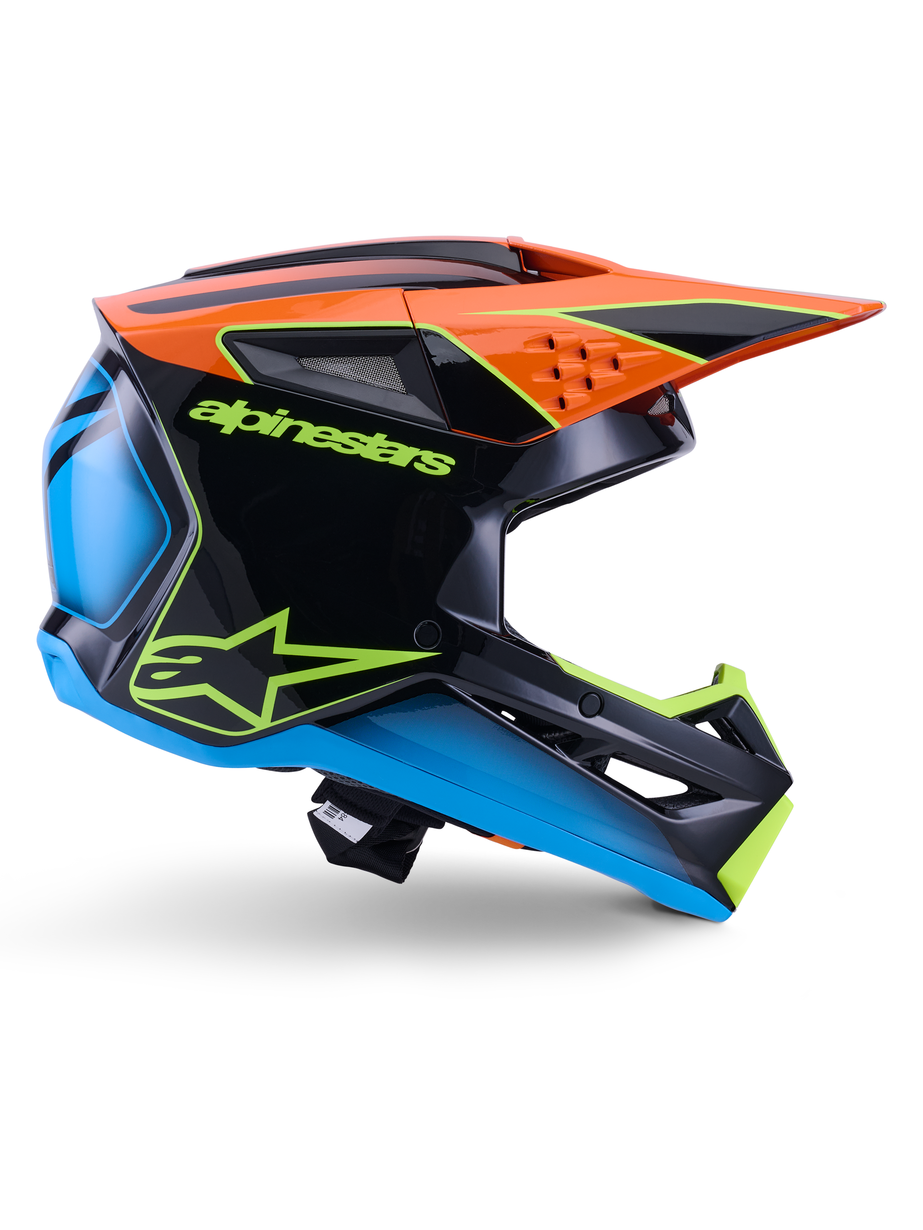 Alpinestars S-M3 Fray Helmet ECE 22.06, Motocross Helmet, Black Orange Blue and Neon Yellow, side profile of a glossy aerodynamic shell with a prominent orange peak, neon green branding, and blue accents, off-road racing protection