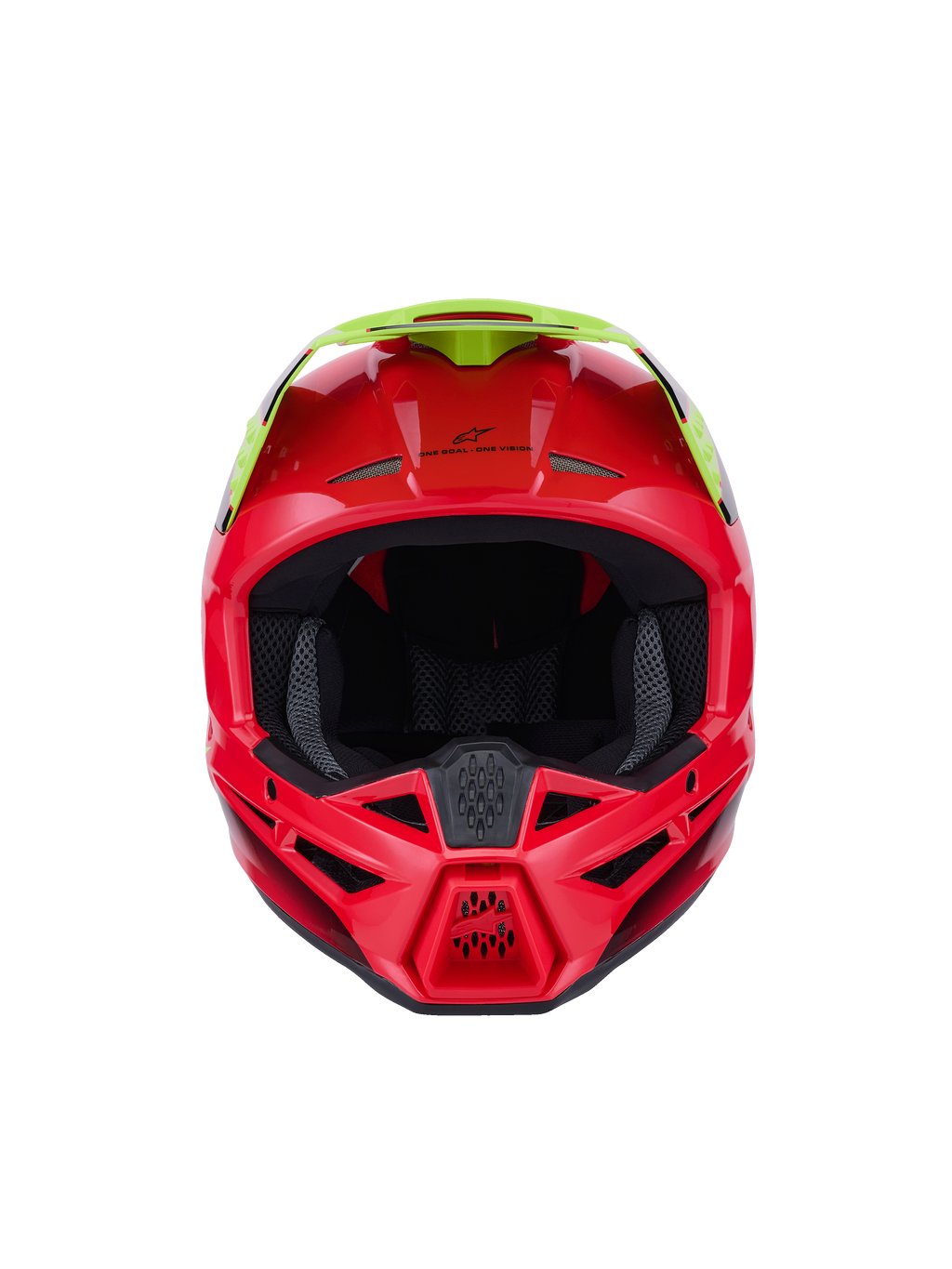 Alpinestars S-M3 Fray Helmet ECE 22.06, Motocross Helmet, Red and Yellow Fluo, front view with glossy finish, featuring multiple ventilation inlets and a prominent visor, high-performance protective gear for off-road riding