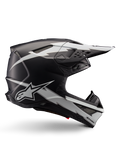Alpinestars Supertech M10 Ampress Helmet, Motocross Racing Helmet, Black and White Matte, aerodynamic profile with white lightning bolt graphics, multiple air vents, extended sun visor, carbon fiber construction with matte finish
