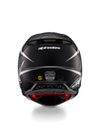Alpinestars Supertech M10 Ampress Helmet, Motocross Helmet, Black and White Matte, Rear view showing Alpinestars logo and certification stickers, aerodynamic design with integrated exhaust vents