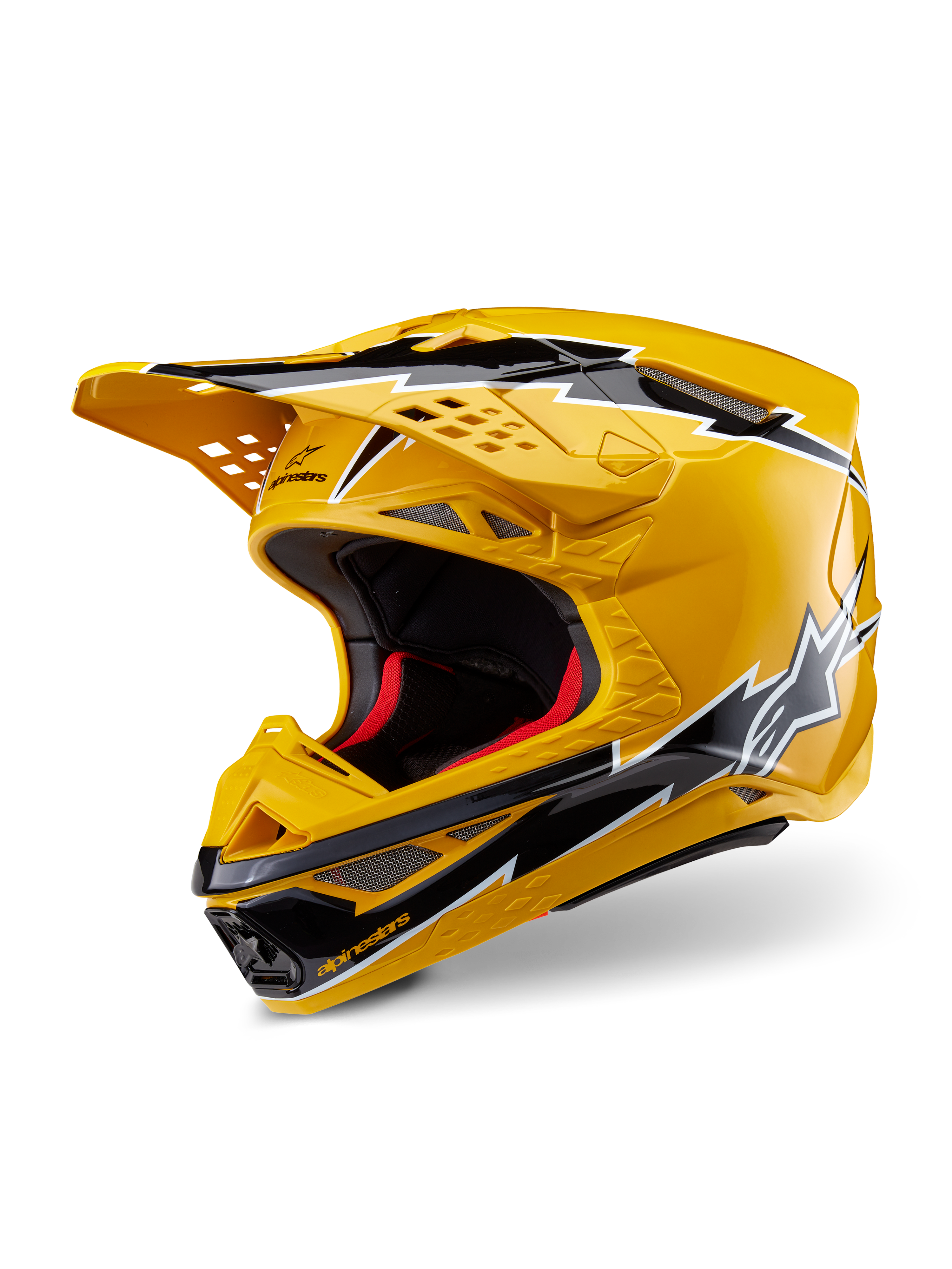 Alpinestars Supertech M10 Ampress Helmet, Motocross Helmet, Yellow and Black Glossy, featuring lightning-bolt graphics, ventilated peak, and aerodynamic design, high-performance off-road protection.