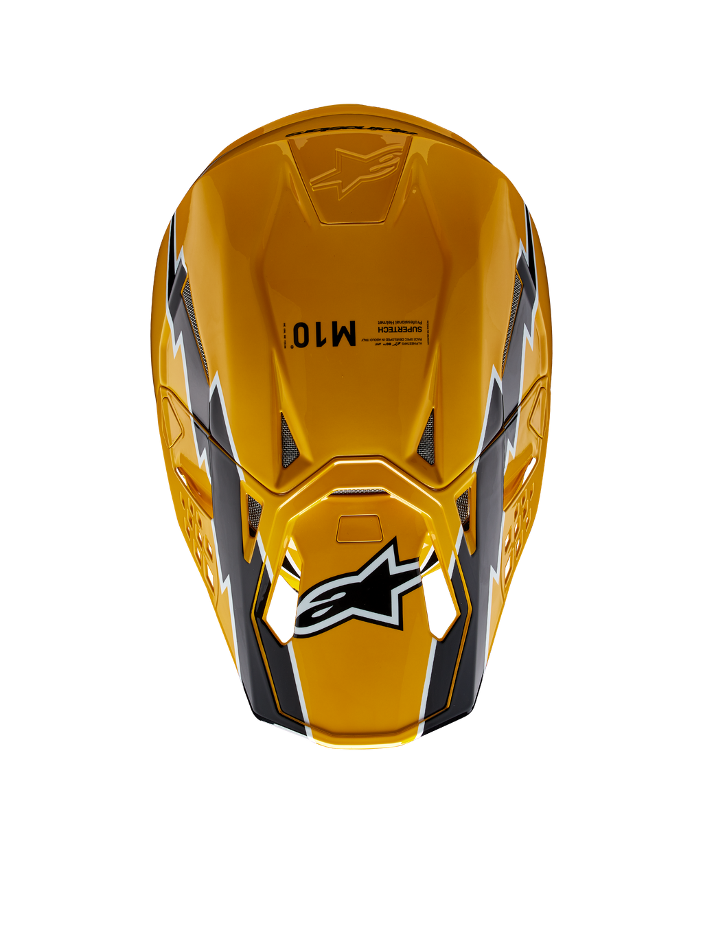 Alpinestars Supertech M10 Ampress Helmet, Motocross Helmet, Black Yellow Glossy, top-down view featuring a glossy yellow finish with black and white graphics, Alpinestars logo on the visor, and aerodynamic shell with ventilation ports.