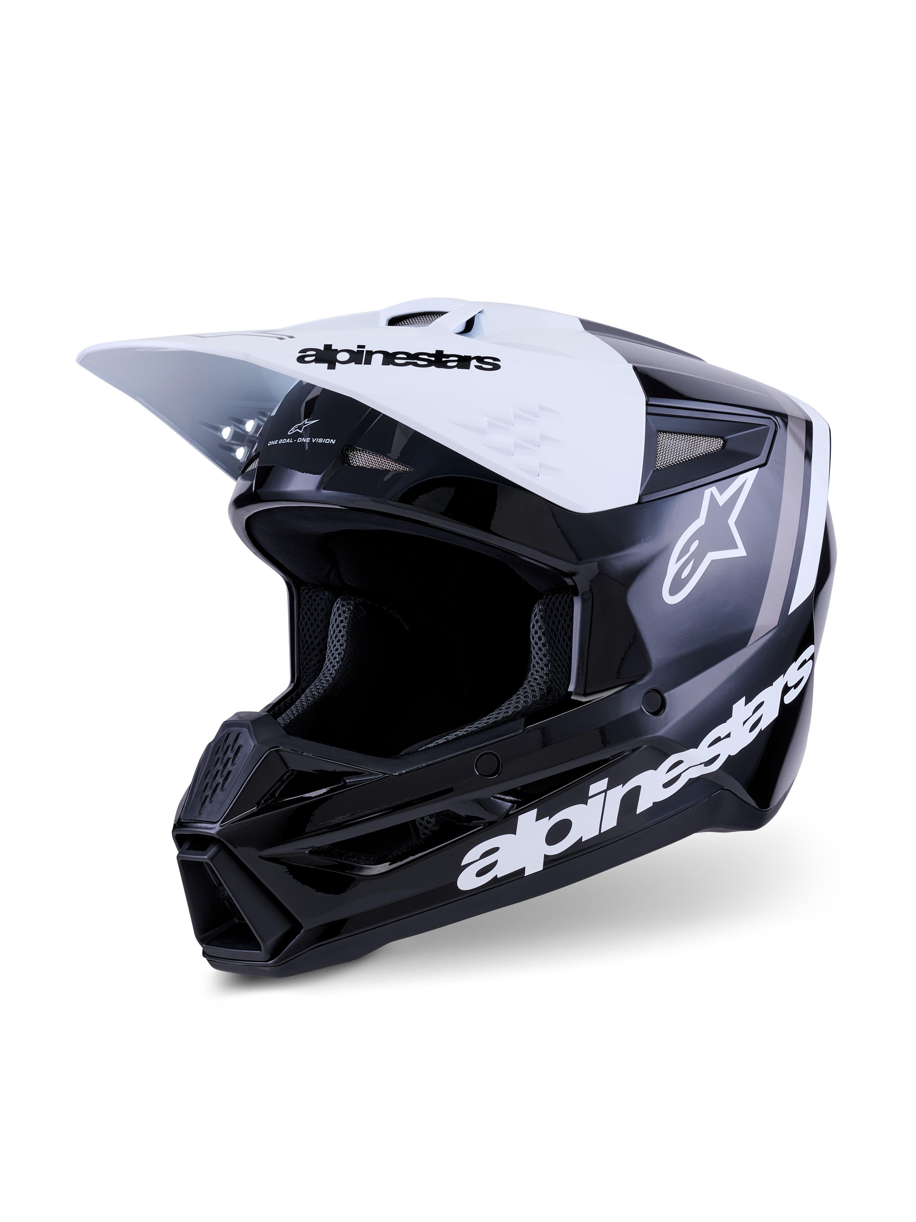 Alpinestars S-M3 Radium Helmet, Motocross Helmet, Black White and Gray Glossy, featuring a white visor with black branding, glossy black shell with prominent white Alpinestars logos and gray graphic accents, aerodynamic design for off-road racing
