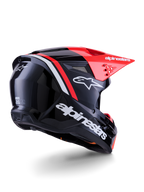 Alpinestars S-M3 Radium Helmet, Motocross Helmet, Black Red Fluo and White Glossy, rear three-quarter view showing sleek aerodynamic design, white branding and bright red visor, high-performance off-road protective headwear