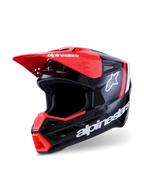 Alpinestars S-M3 Radium Helmet, Motocross Helmet, Black Red Fluo and White Glossy, high-gloss finish with bold white Alpinestars branding and star logo, featuring a bright red visor peak and chin vent, engineered for off-road protection.