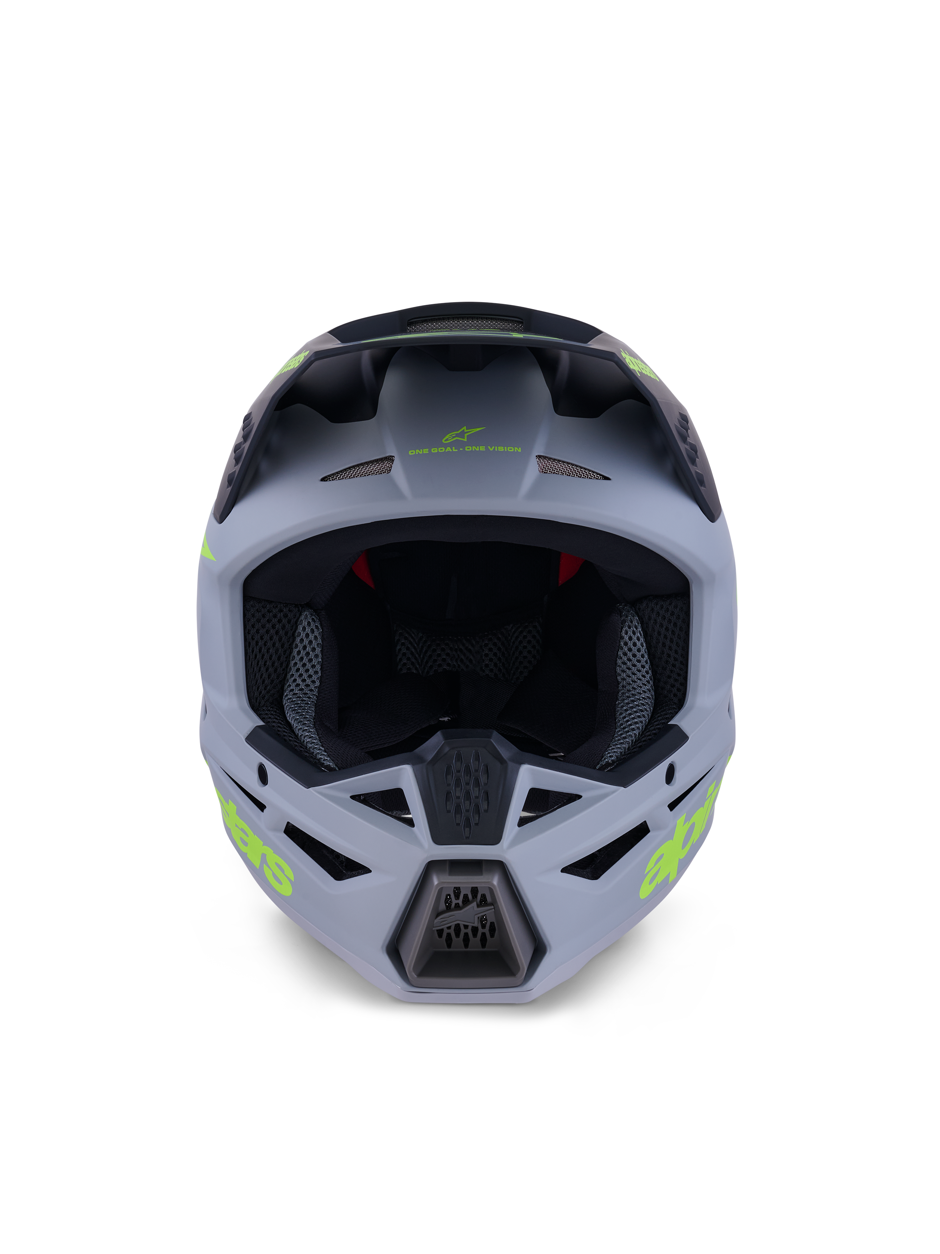 Alpinestars S-M3 Radium Helmet, Full-Face Motocross Helmet, Matte Green and Black with Fluo Yellow branding, front view highlighting chin and forehead ventilation ports with a large eye port, professional off-road protective gear.