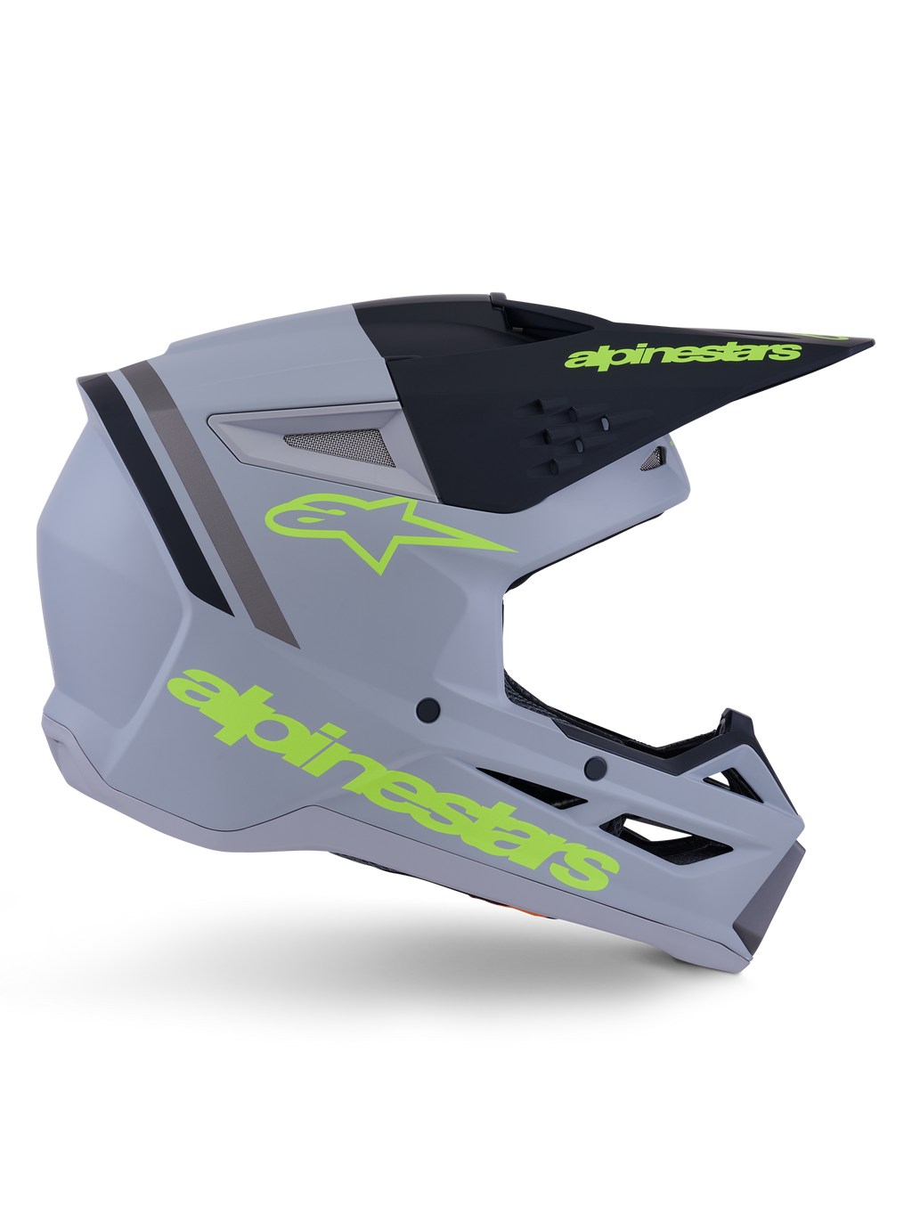 Alpinestars S-M3 Radium Helmet ECE 22.06, Motocross Helmet, Matte Gray, Black, and Yellow Fluo, featuring an angular aerodynamic design with a peak visor and integrated ventilation system