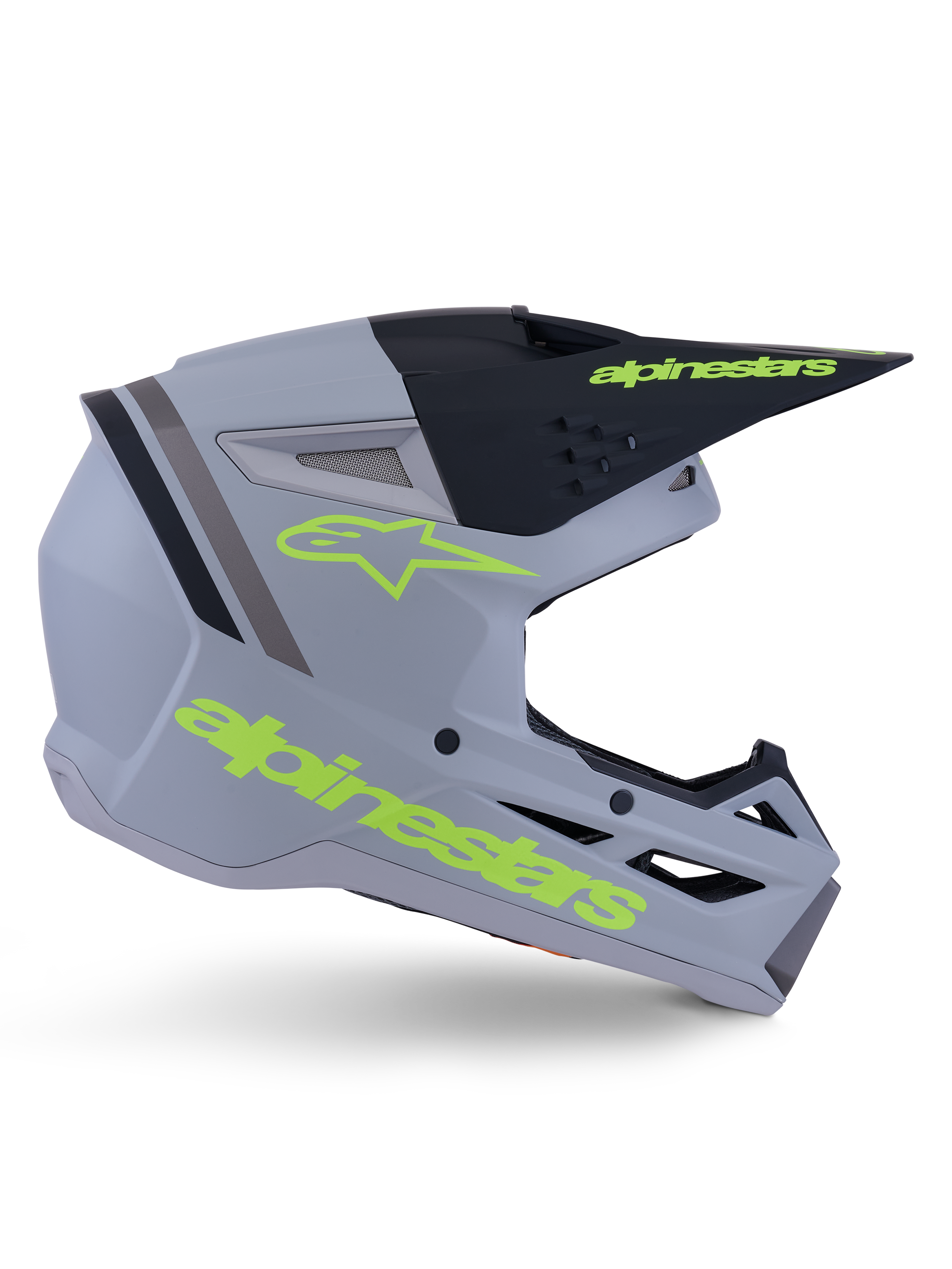 Alpinestars S-M3 Radium Helmet ECE 22.06, Motocross Helmet, Matte Gray, Black, and Yellow Fluo, featuring an angular aerodynamic design with a peak visor and integrated ventilation system