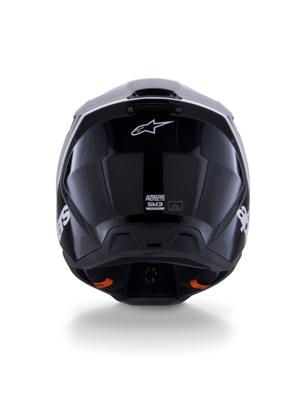 Alpinestars S-M3 Radium Helmet ECE 22.06, Motocross Helmet, Black White Gray Glossy, rear view showing glossy black finish, Alpinestars star logo, ventilation exhaust ports, and ECE certification label.