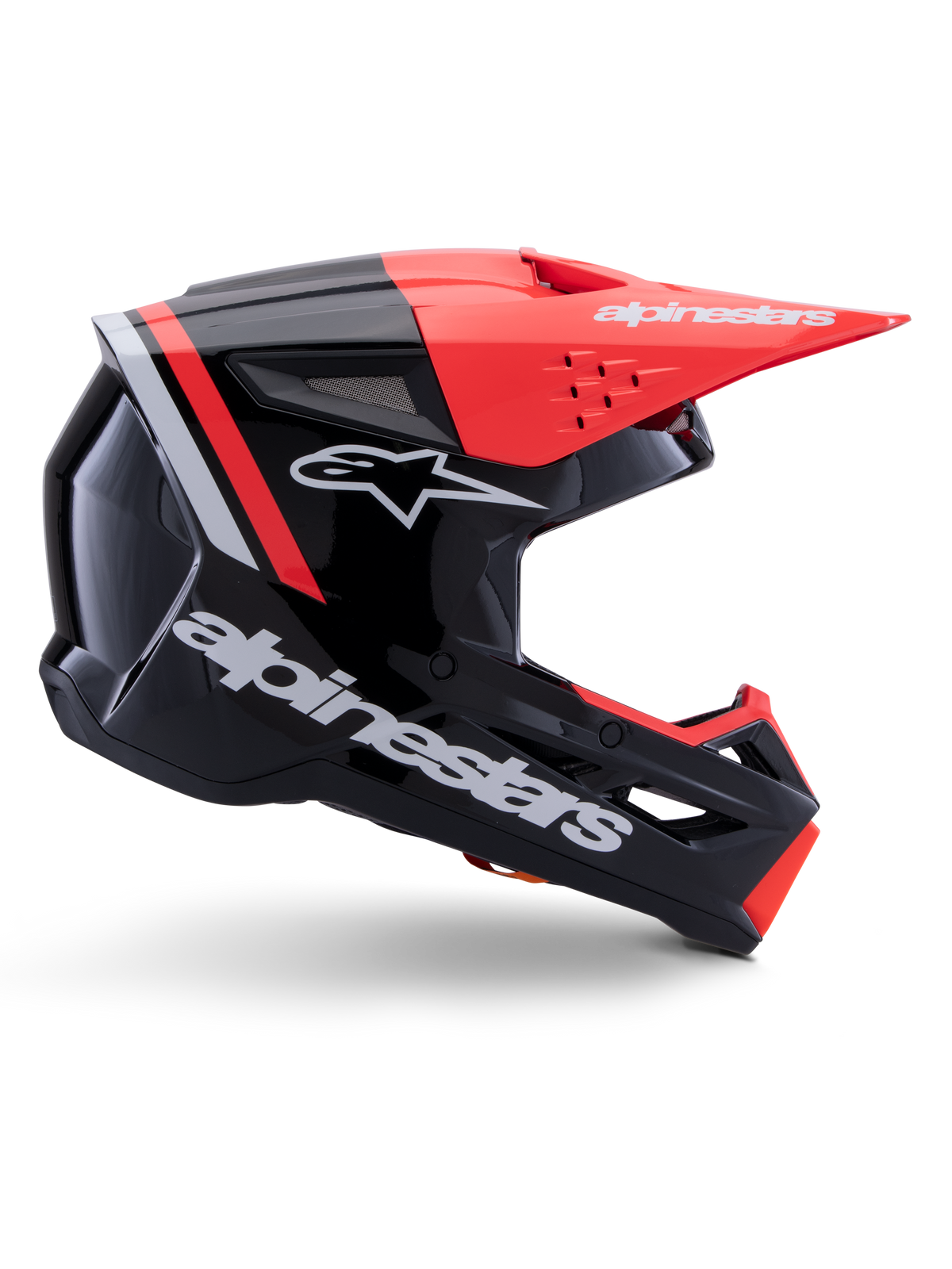 Alpinestars S-M3 Radium Helmet, Motocross Helmet, Black Red Fluo and White Glossy, featuring an aerodynamic design with an angular visor, ventilation ports, and a glossy finish, premium motorsports protection