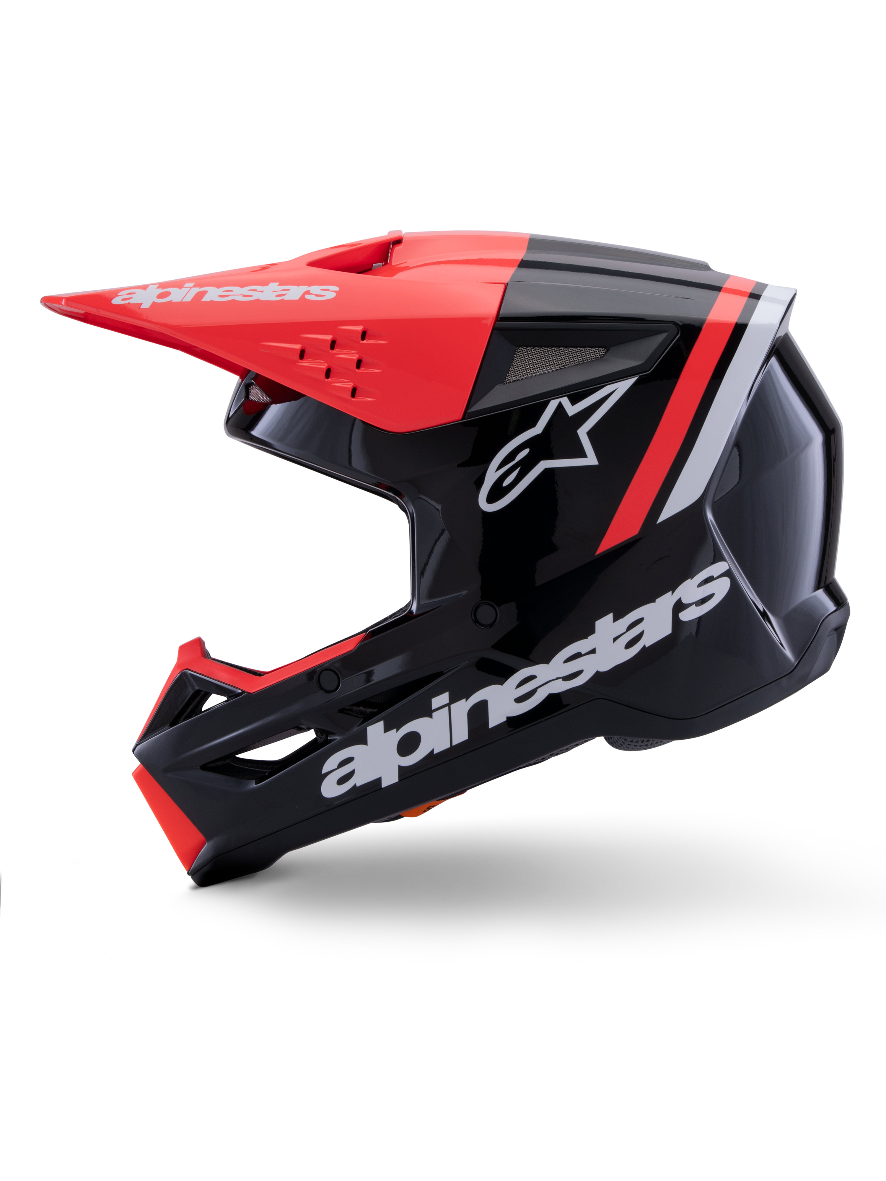 Alpinestars S-M3 Radium Helmet, Motocross Helmet, Black Red Fluo and White Glossy, side profile view, featuring large white Alpinestars branding and star logo, red fluo peak and chin bar accents, glossy finish, engineered for MX and Enduro off-road riding.