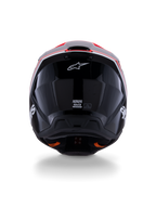 Alpinestars S-M3 Radium Helmet ECE 22.06, Motocross Helmet, Glossy Black with Red Fluo and White accents, rear view displaying the aerodynamic shell design, white star logo, and certification labels.