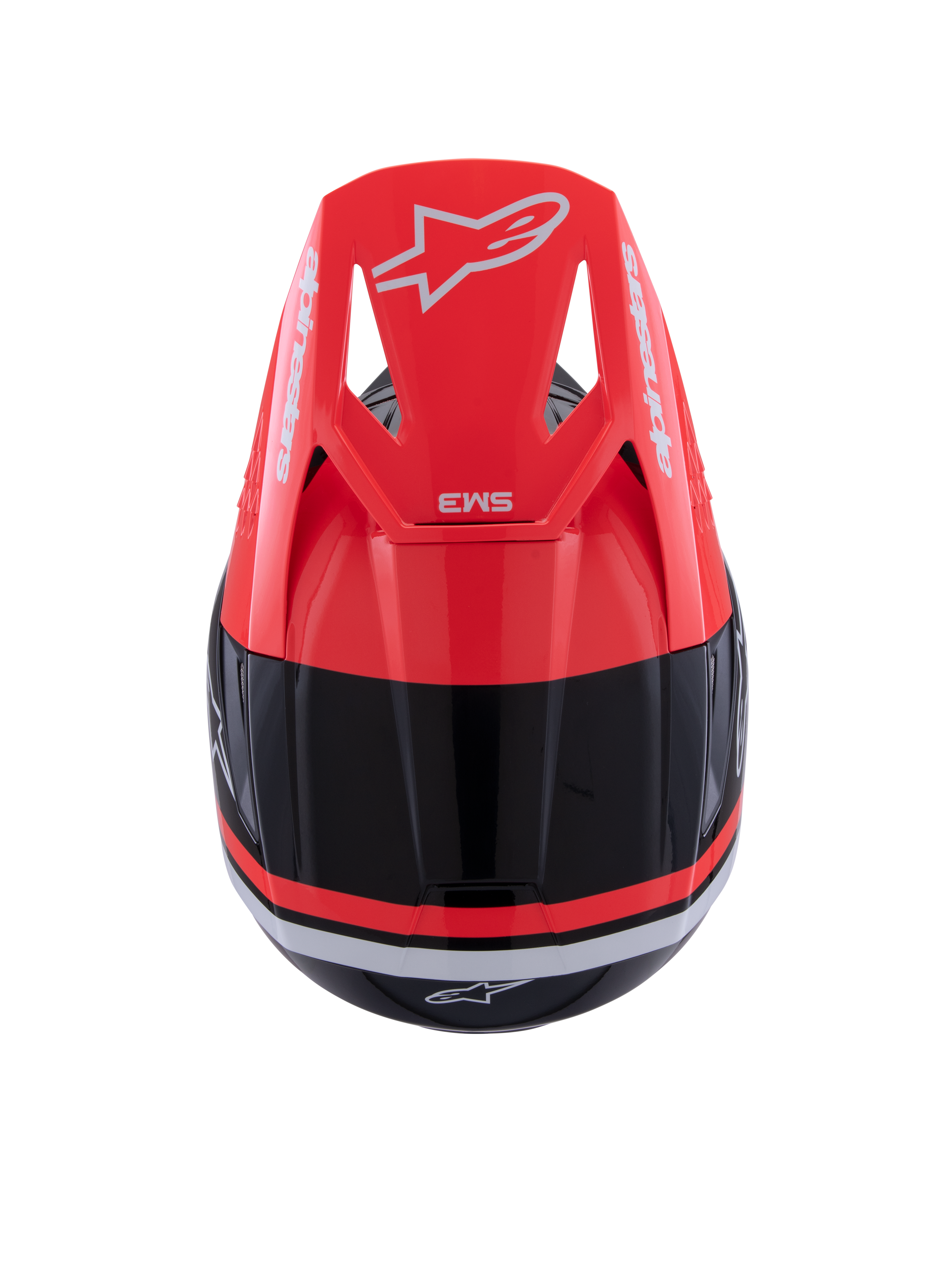 Alpinestars S-M3 Radium Helmet, Motocross Helmet, Black Red Fluo and White Glossy, top view featuring the red fluo visor with white Alpinestars branding and sleek aerodynamic design.