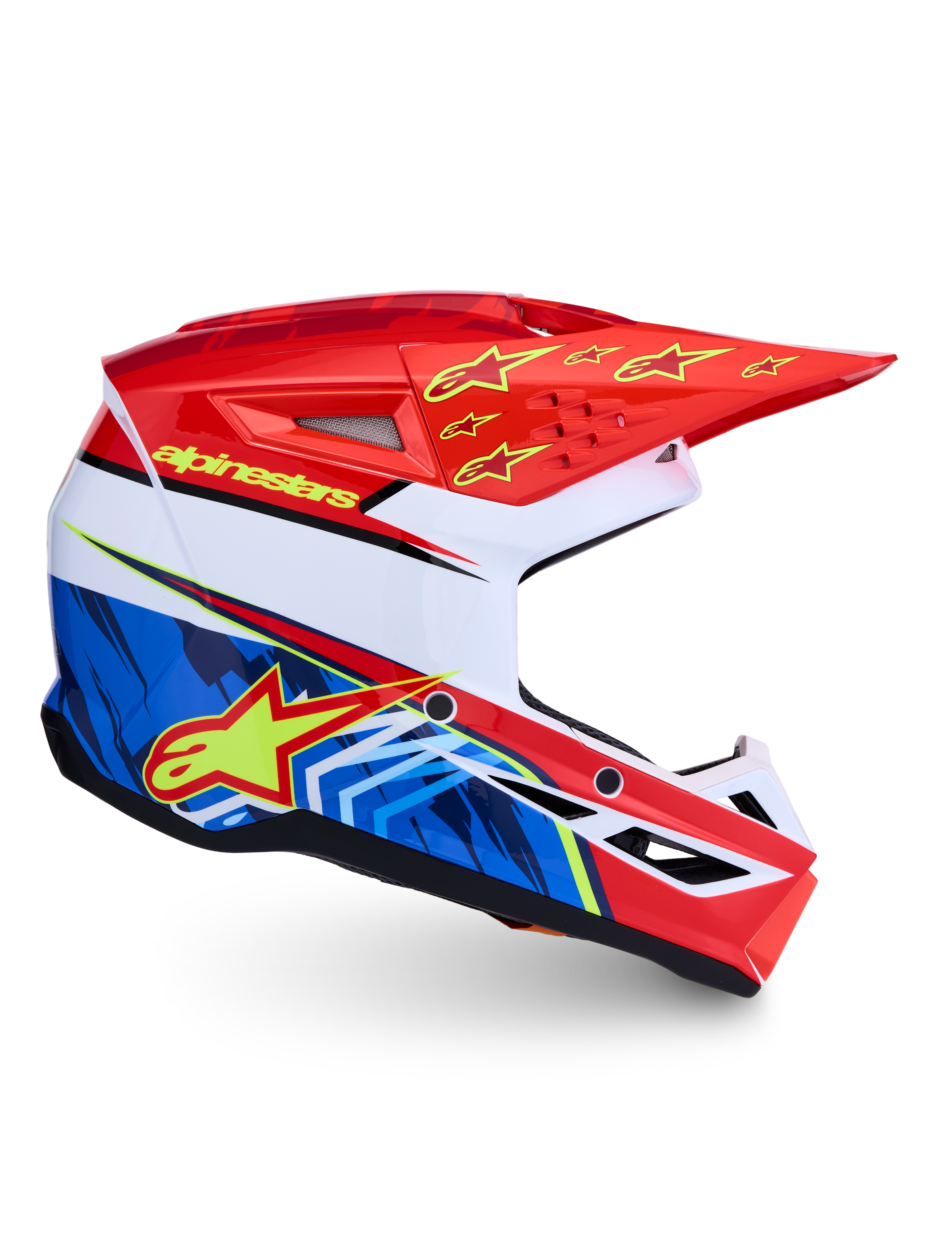 Alpinestars SM3 Falcon Motocross Helmet, red and blue graphic design, ECE 22.06 certified off-road racing protection.