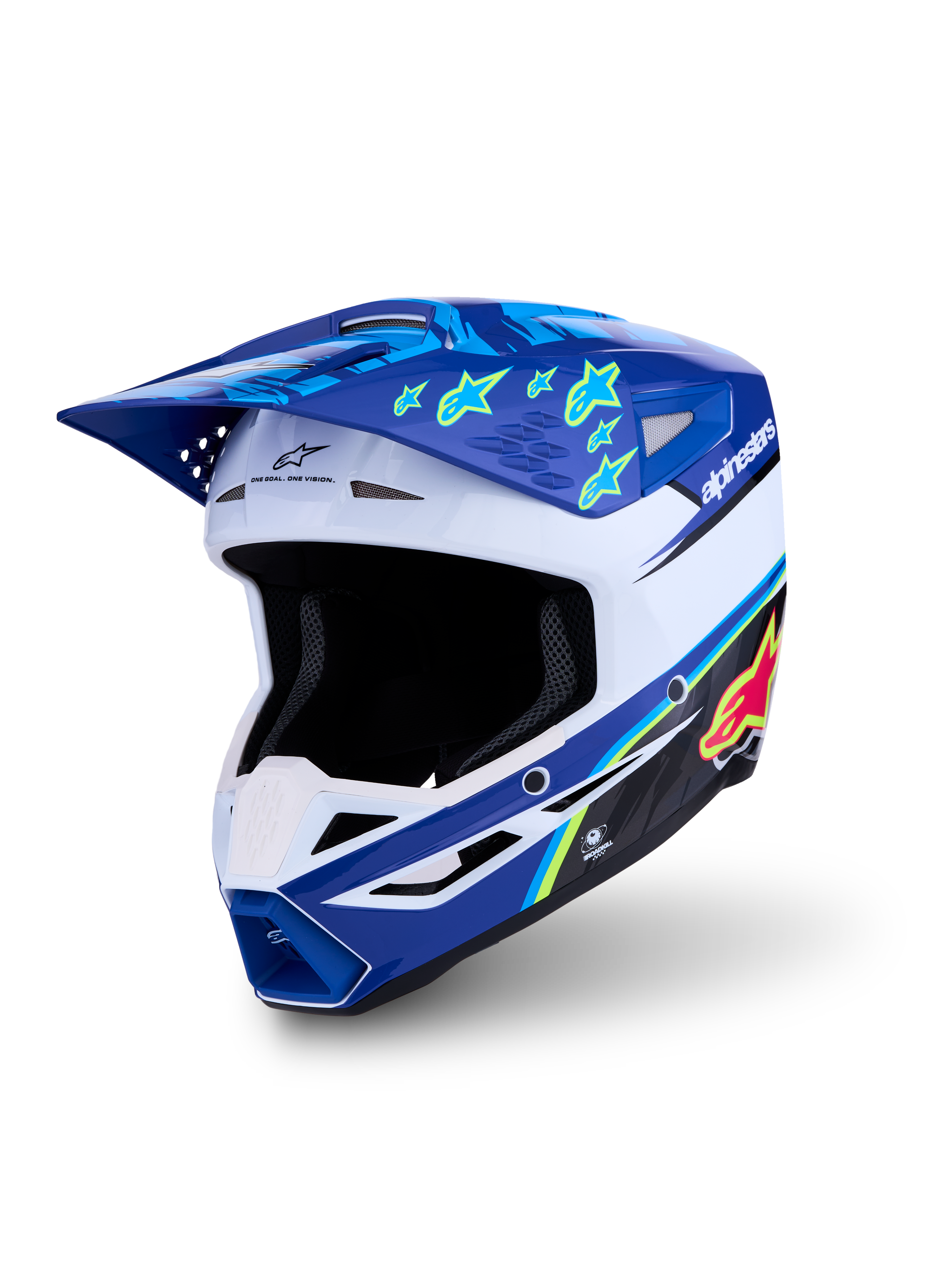 Alpinestars SM3 Falcon Helmet ECE06, blue and white motocross helmet with yellow star graphics, ECE 22.06 certified.