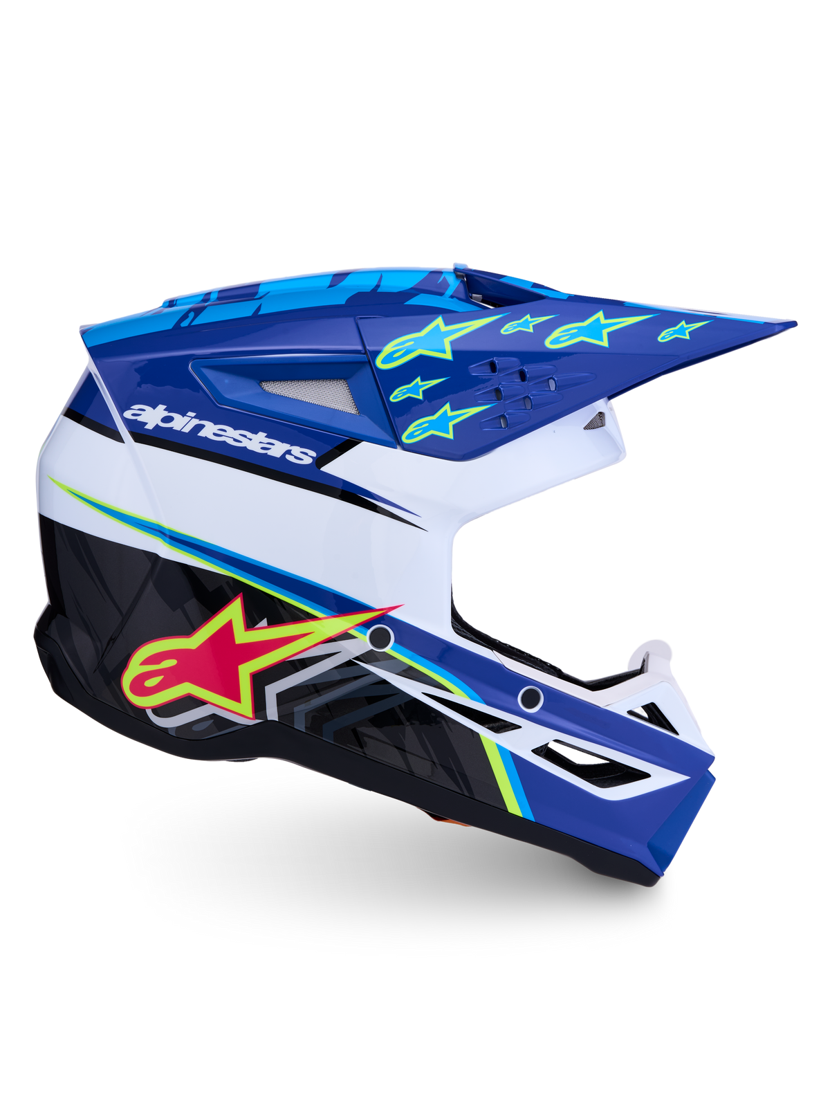 Alpinestars SM3 Falcon Helmet ECE06, blue and white motocross helmet featuring advanced ventilation and star graphics.