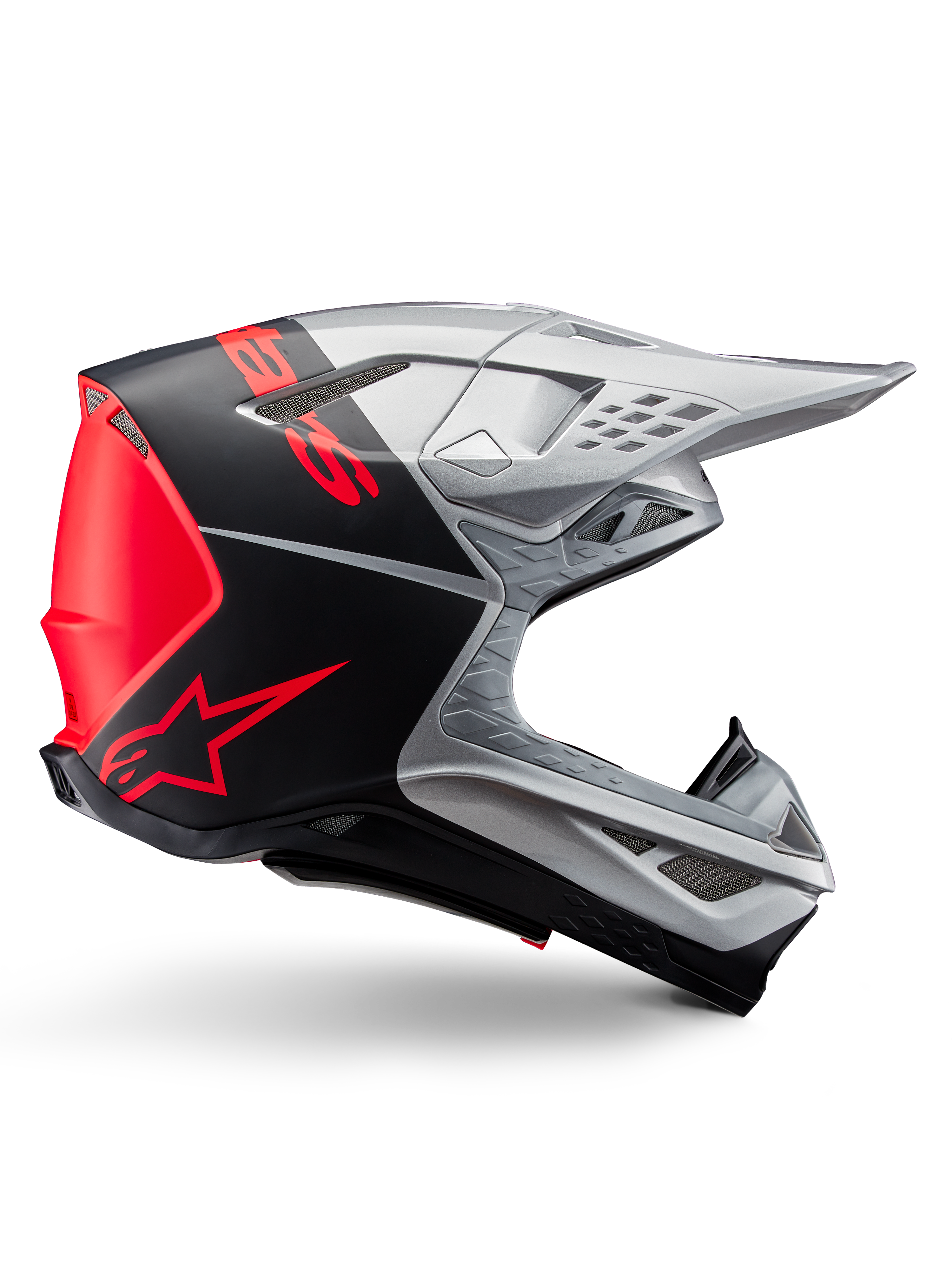 Alpinestars Supertech M10 Flood ECE 22.06 Helmet, Motocross Helmet, Silver Black and Orange Fluo, matte and glossy finish, aerodynamic profile with multi-composite shell, bold branding with orange Alpinestars logo, high-flow ventilation ports and protective visor
