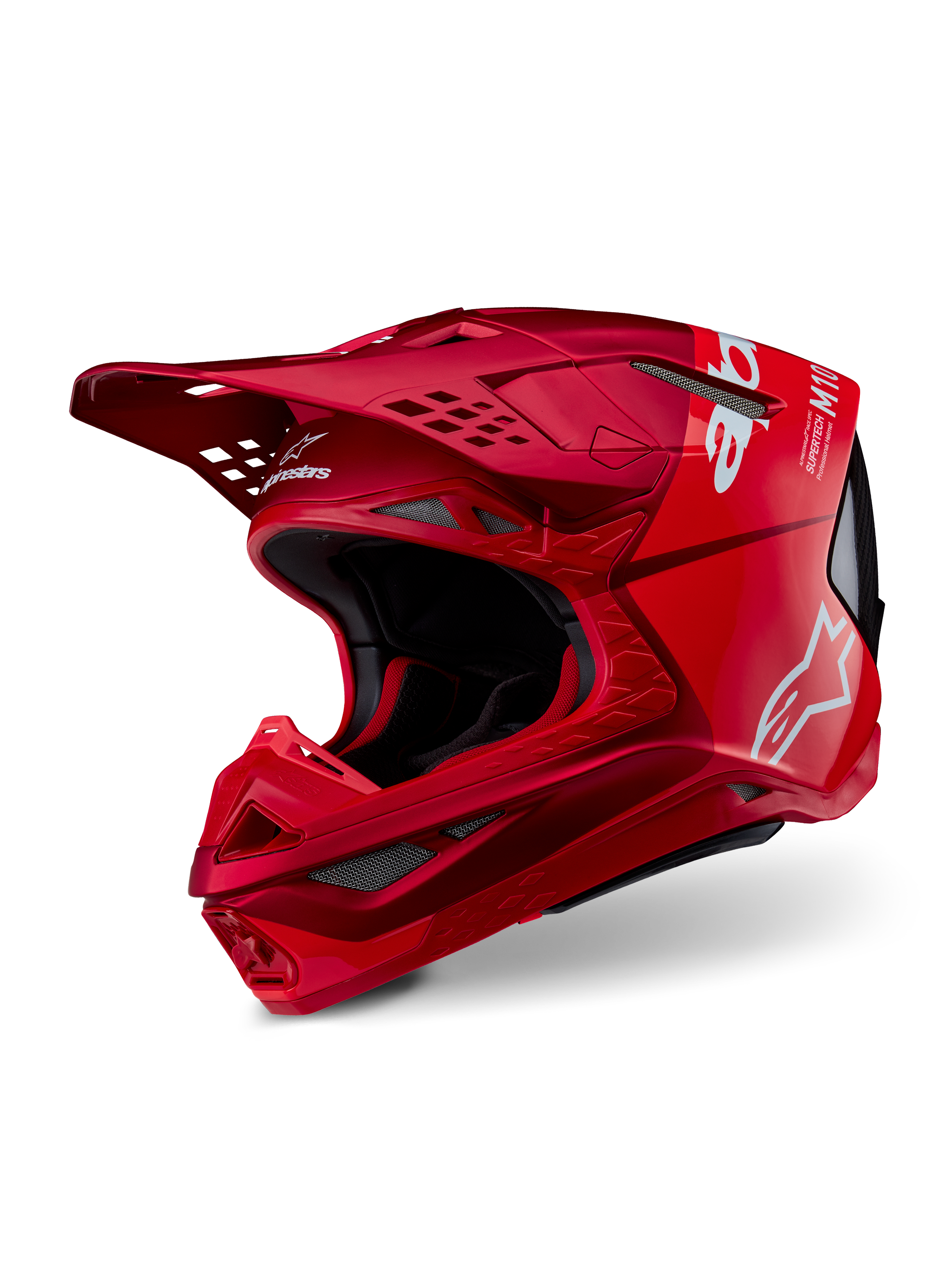 Alpinestars Supertech M10 Flood Helmet, Motocross Helmet, Red and Fluo Red Matte and Glossy, featuring white Alpinestars logos, aerodynamic profile with multiple ventilation ports, lightweight carbon composite shell for off-road racing