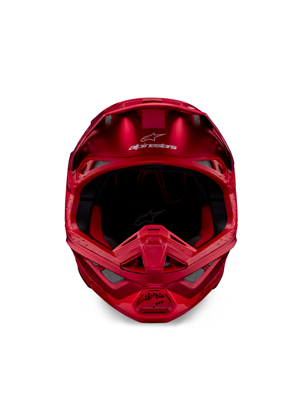Alpinestars Supertech M10 Flood Helmet, Motocross Helmet, Red Fluo and Red Matte/Glossy, front-facing view showing aerodynamic profile with multiple ventilation ports, Alpinestars logo on the forehead, and red interior lining, professional off-road racing gear