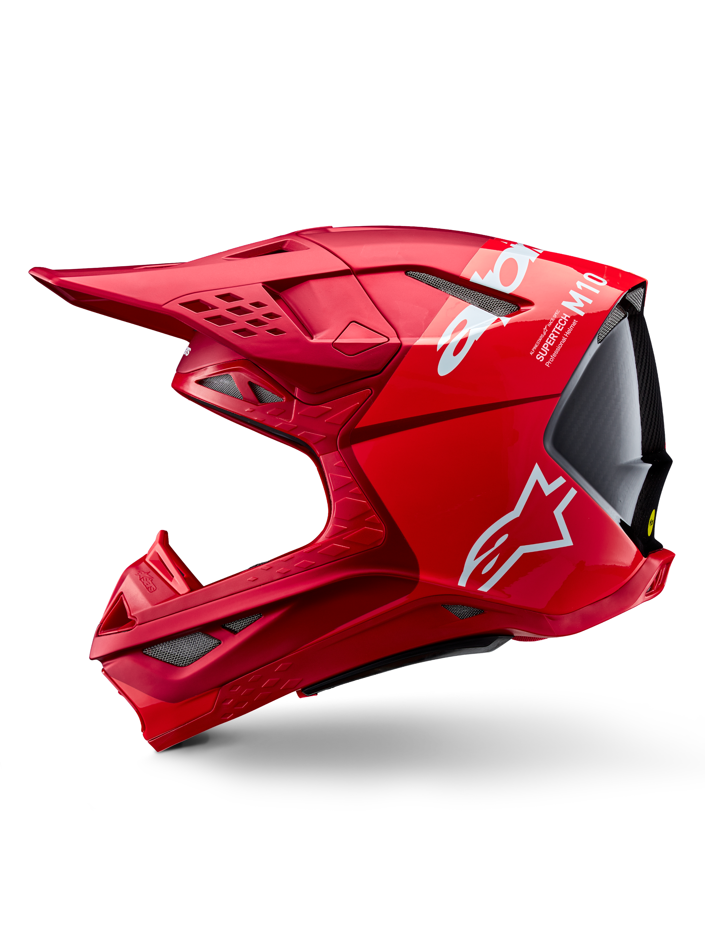 Alpinestars Supertech M10 Flood ECE 22.06 Helmet, Motocross Helmet, Red and Fluo Red with Matte and Glossy finish, side profile view showing aerodynamic shell design, multiple ventilation ports, and white Alpinestars branding.