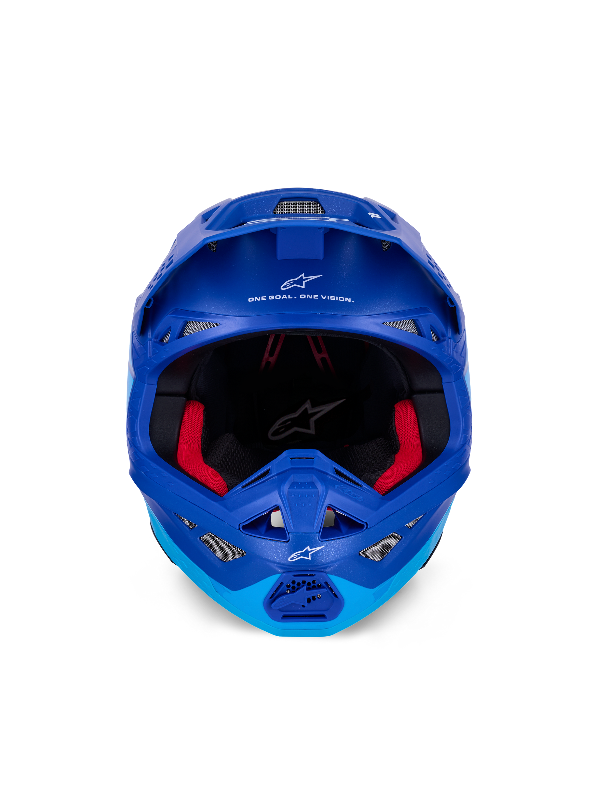 Alpinestars Supertech M10 Flood Helmet ECE, Motocross Helmet, Metallic and Medium Blue with black carbon accents, front-facing view showing chin bar and eye port, white Alpinestars logos and text, red interior padding, professional off-road protection